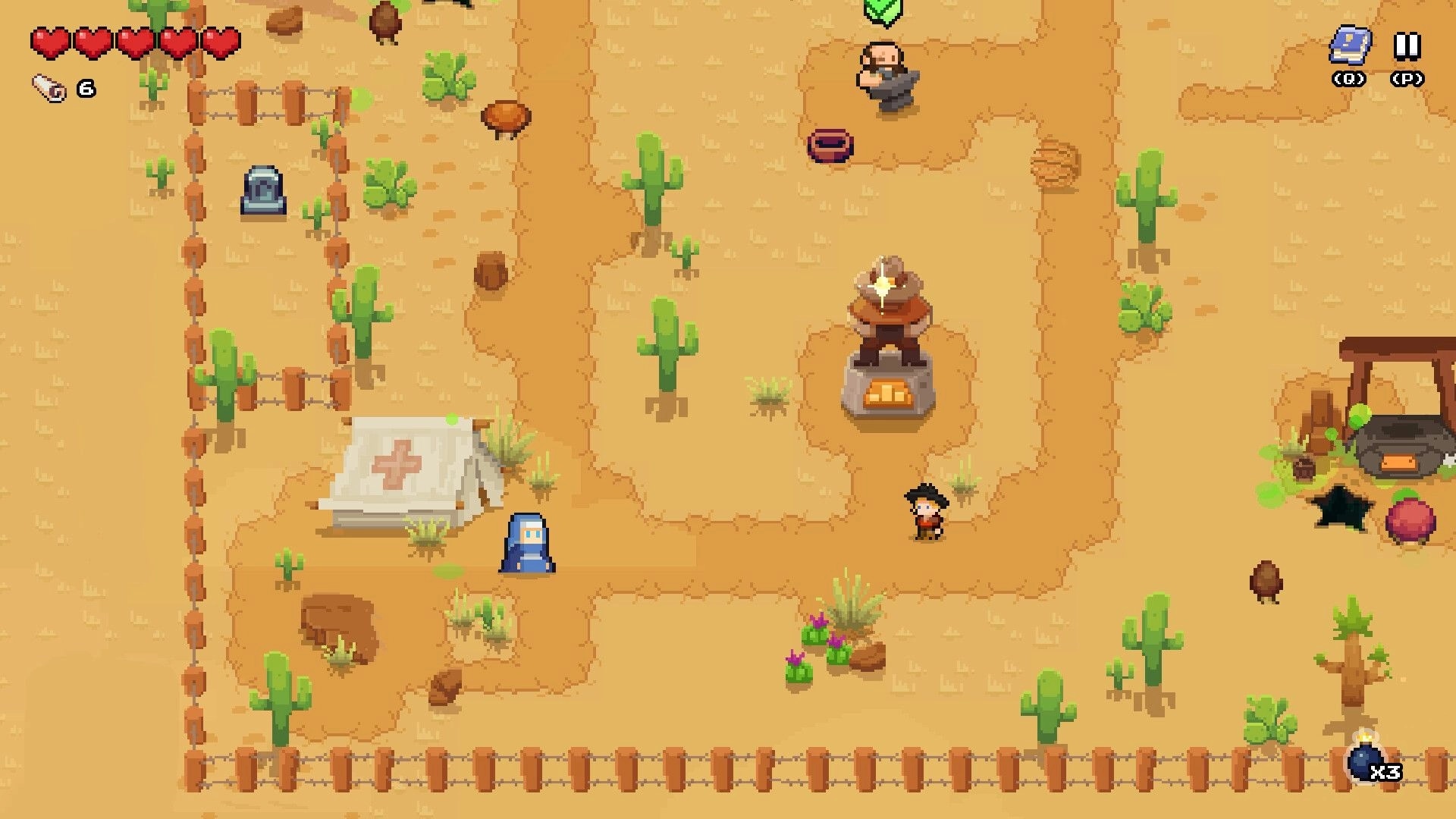 Guncrypt: Player walks past NPCs and a forge in a sandy desert hub with hearts and ammo UI.