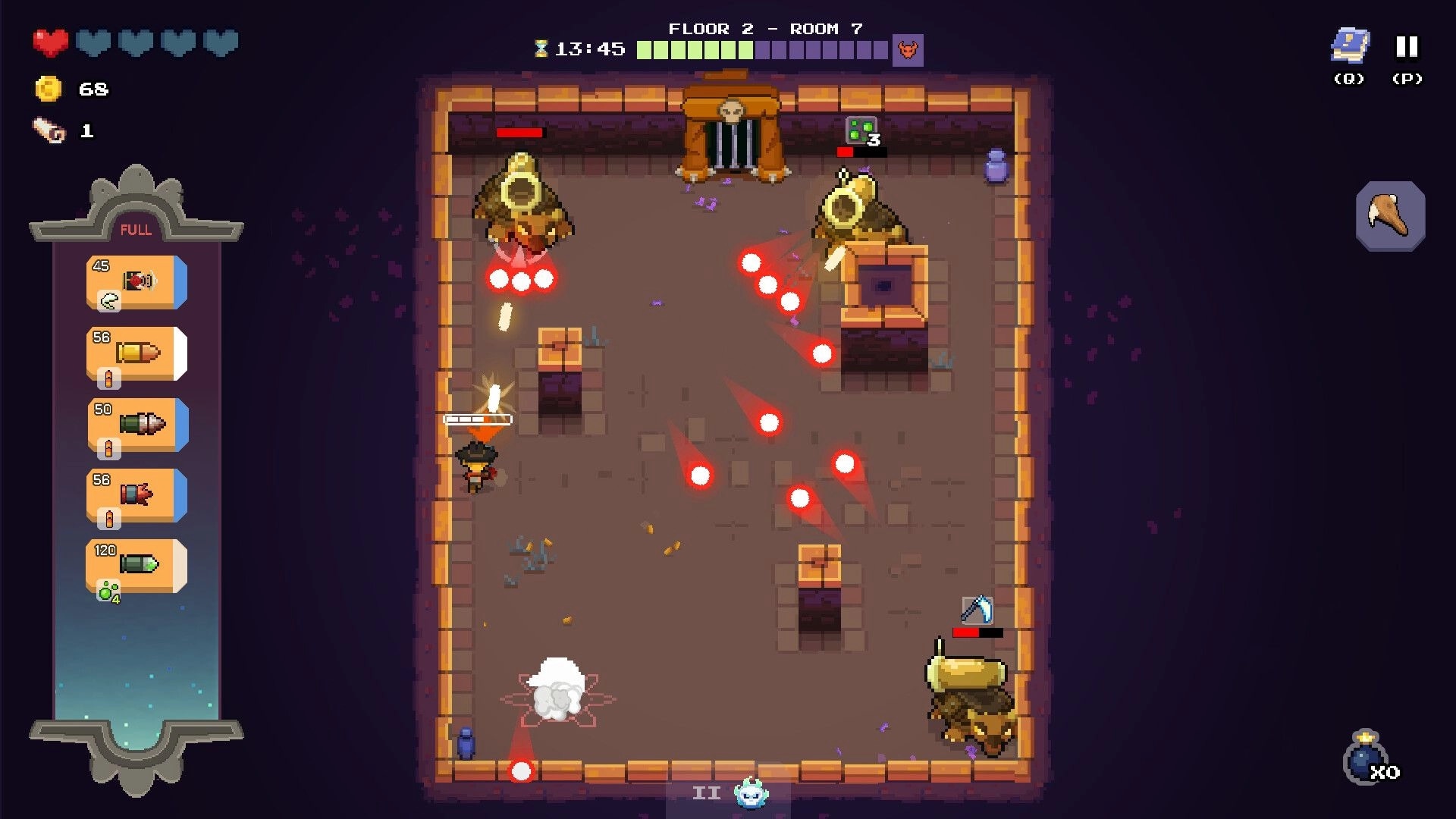 Guncrypt: Dodging red bullet spread from three horned foes in a stone crypt room with ammo queue UI.