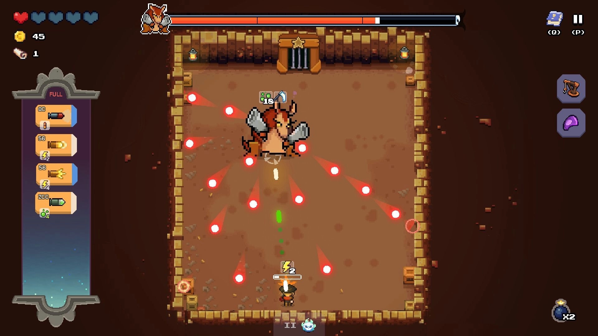 Guncrypt: Boss fight dodging red bullet spread in stone dungeon room with ammo list UI on left.