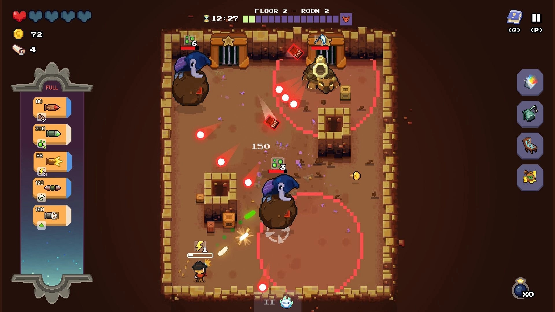 Guncrypt: Top-down firefight dodging red bullet arcs vs hooded brutes in a crypt room with ammo UI.
