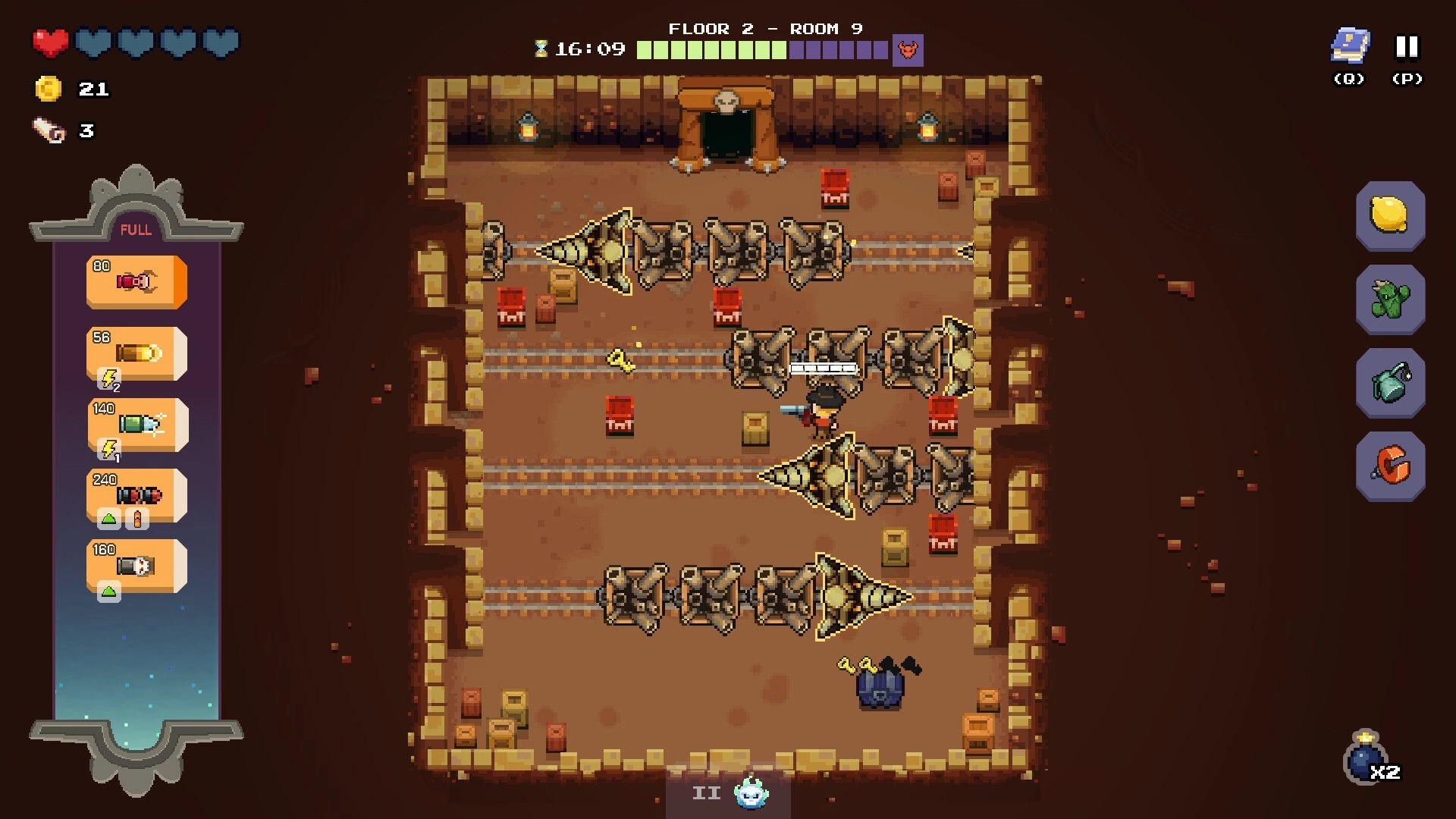 Guncrypt: Player dodges drill minecarts and TNT crates in a rail-filled crypt room, Floor 2 UI.
