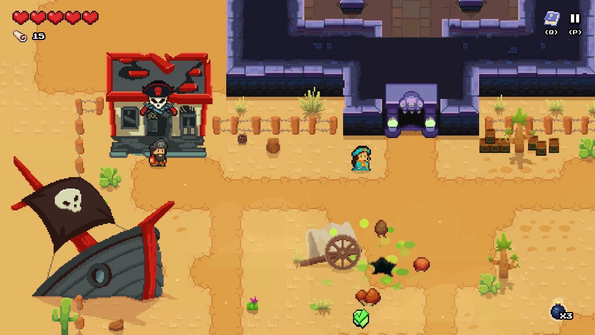 Guncrypt: Overworld hub with pirate shop and crypt gate, hearts and ammo UI in sandy desert town.