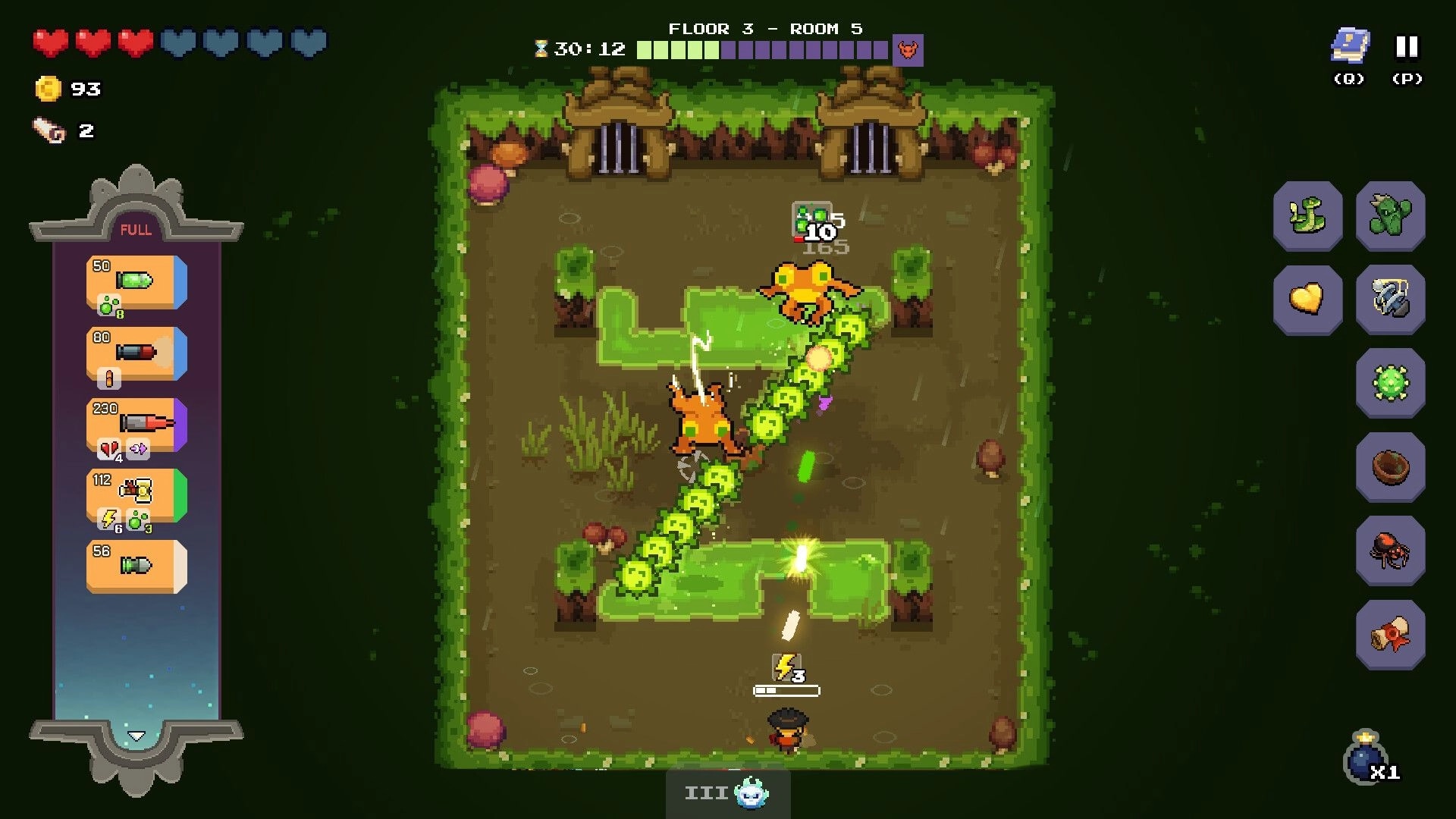 Guncrypt: Top-down fight firing a green skull chain at a frog enemy in a rainy swamp room UI.