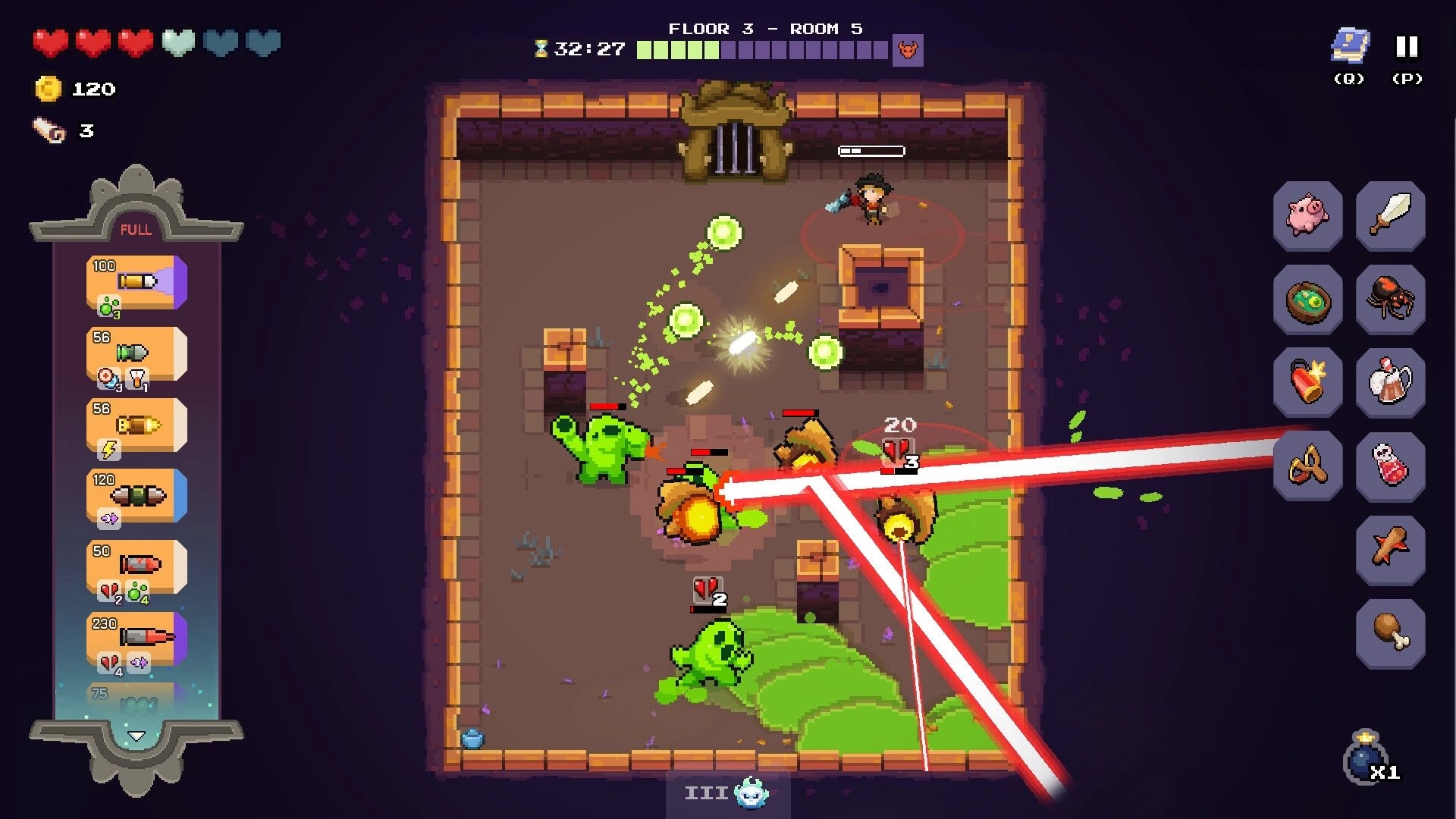 Guncrypt: Top-down firefight with green slimes and laser blasts in a dungeon room with bullet UI panels.
