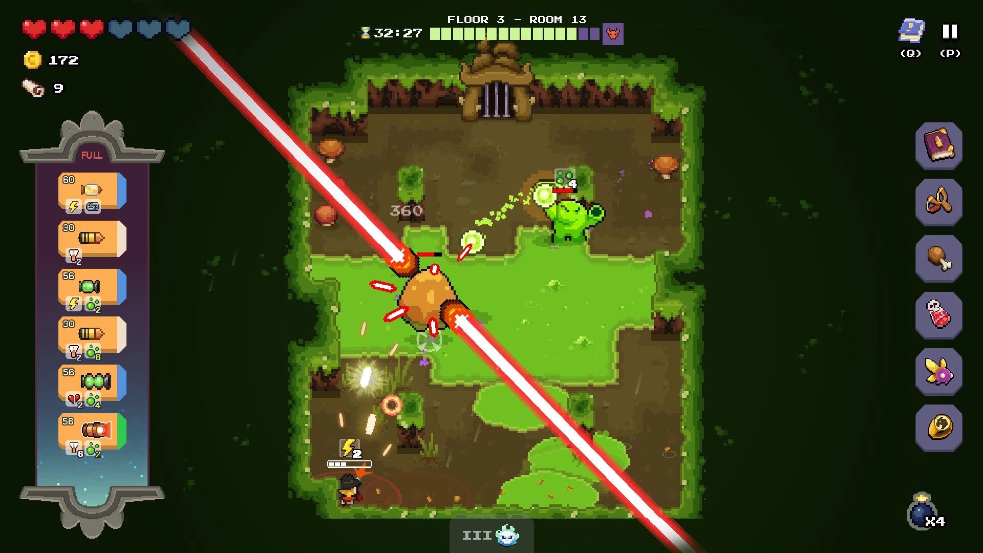 Guncrypt: Player fires a red laser at slimes in a green swamp room with ammo stack UI and hearts.