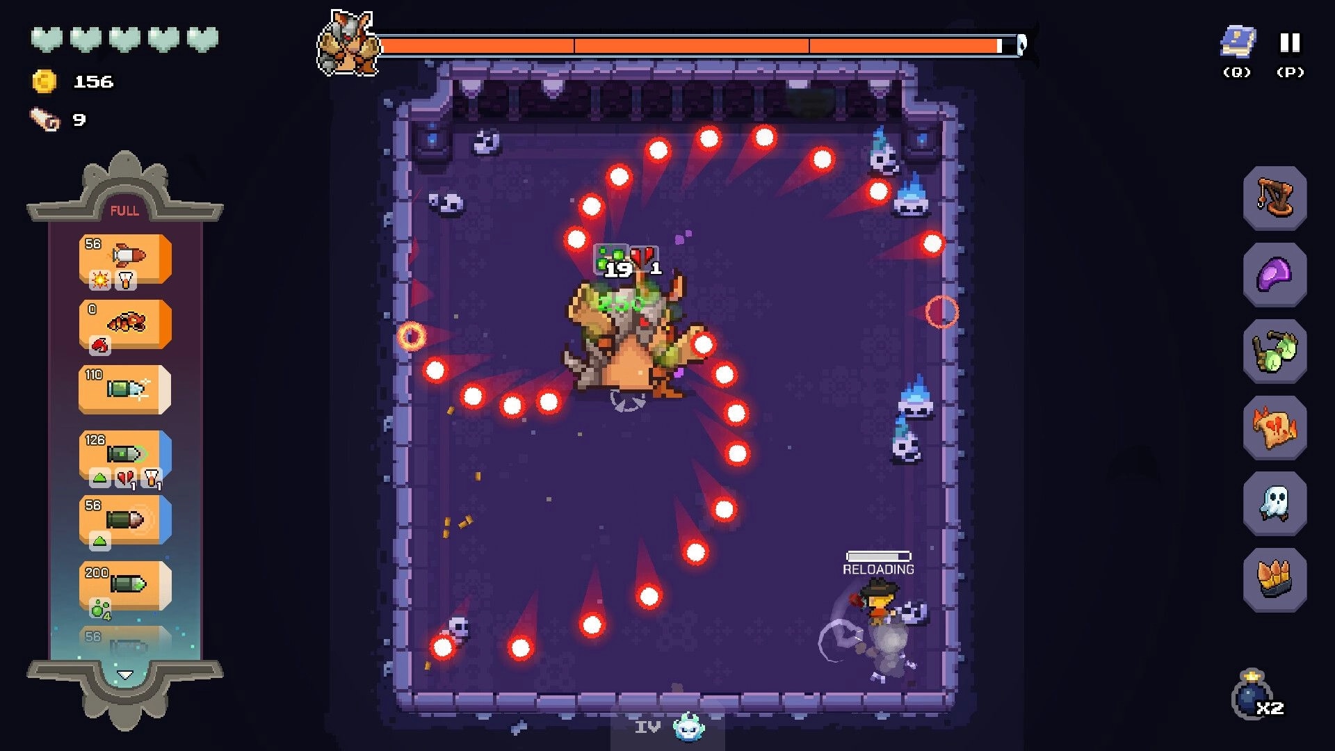 Guncrypt: Boss fight dodging spiral red bullets in stone crypt room, reload bar and ammo list UI.