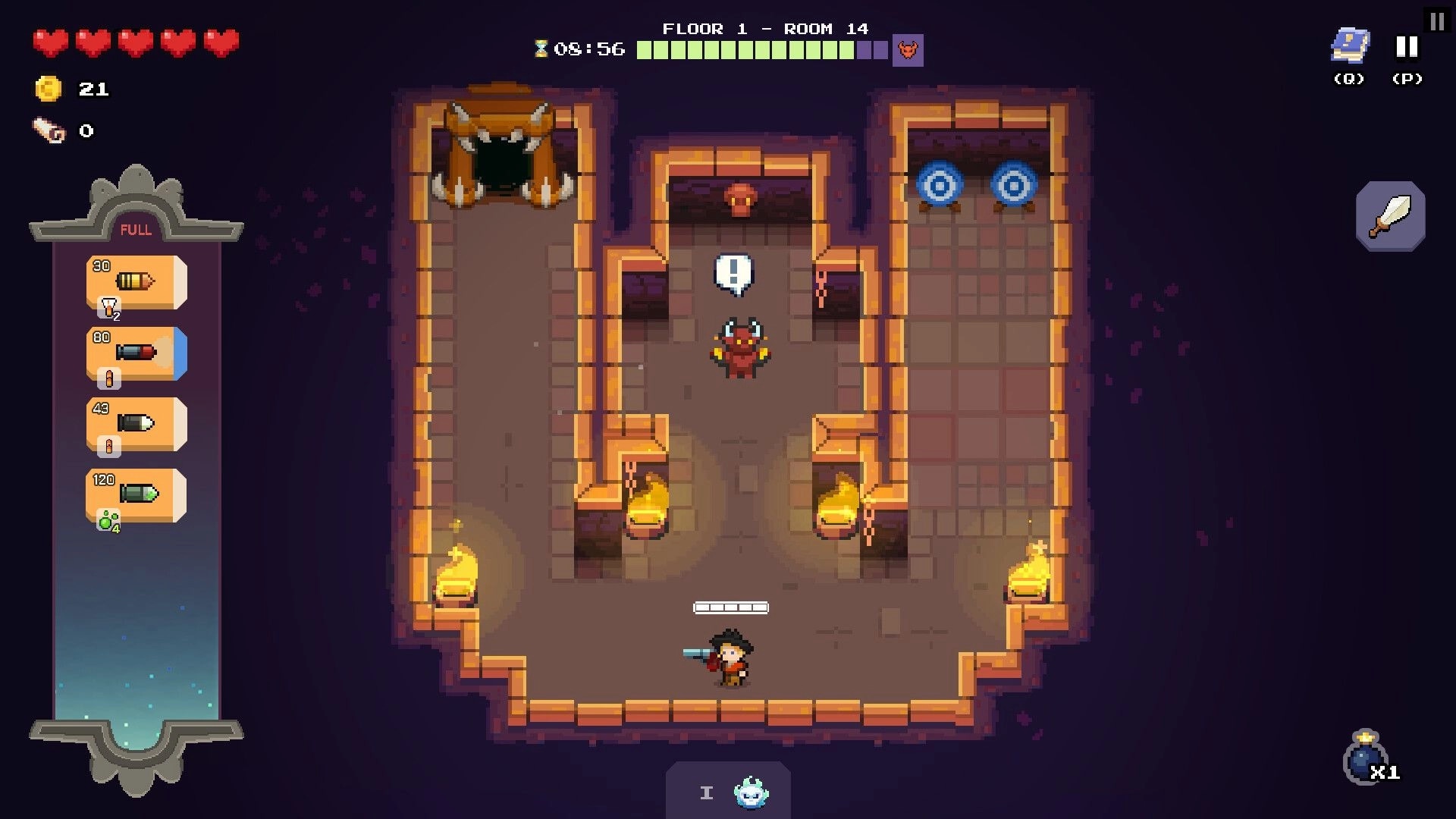Guncrypt: Player aims rifle at horned enemy in torchlit crypt room, bullet queue UI on left.