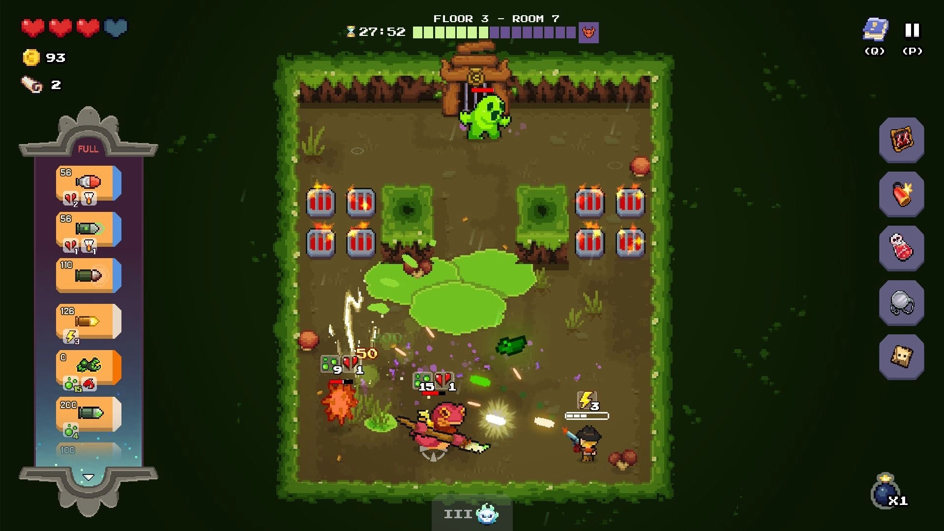 Guncrypt: Player fires at goblins in Room 7, with ammo deck UI and hearts in a grassy arena.