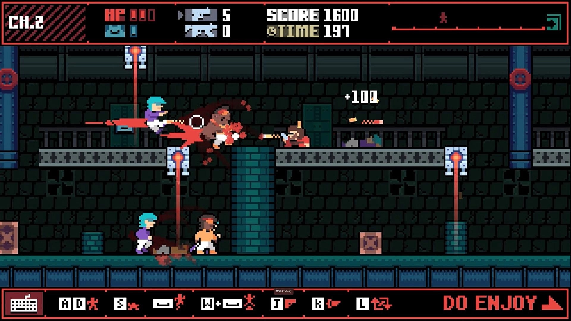 GUN.DOG.REVENGE: Player shoots enemy mid-air in dungeon with health and score displayed at top.