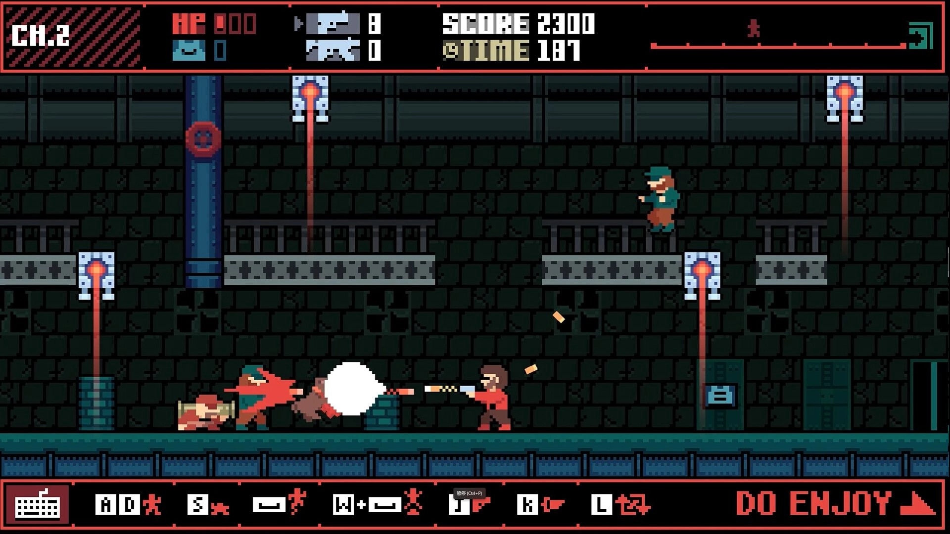 GUN.DOG.REVENGE: Player fires at enemies in underground level with red lasers and score display.