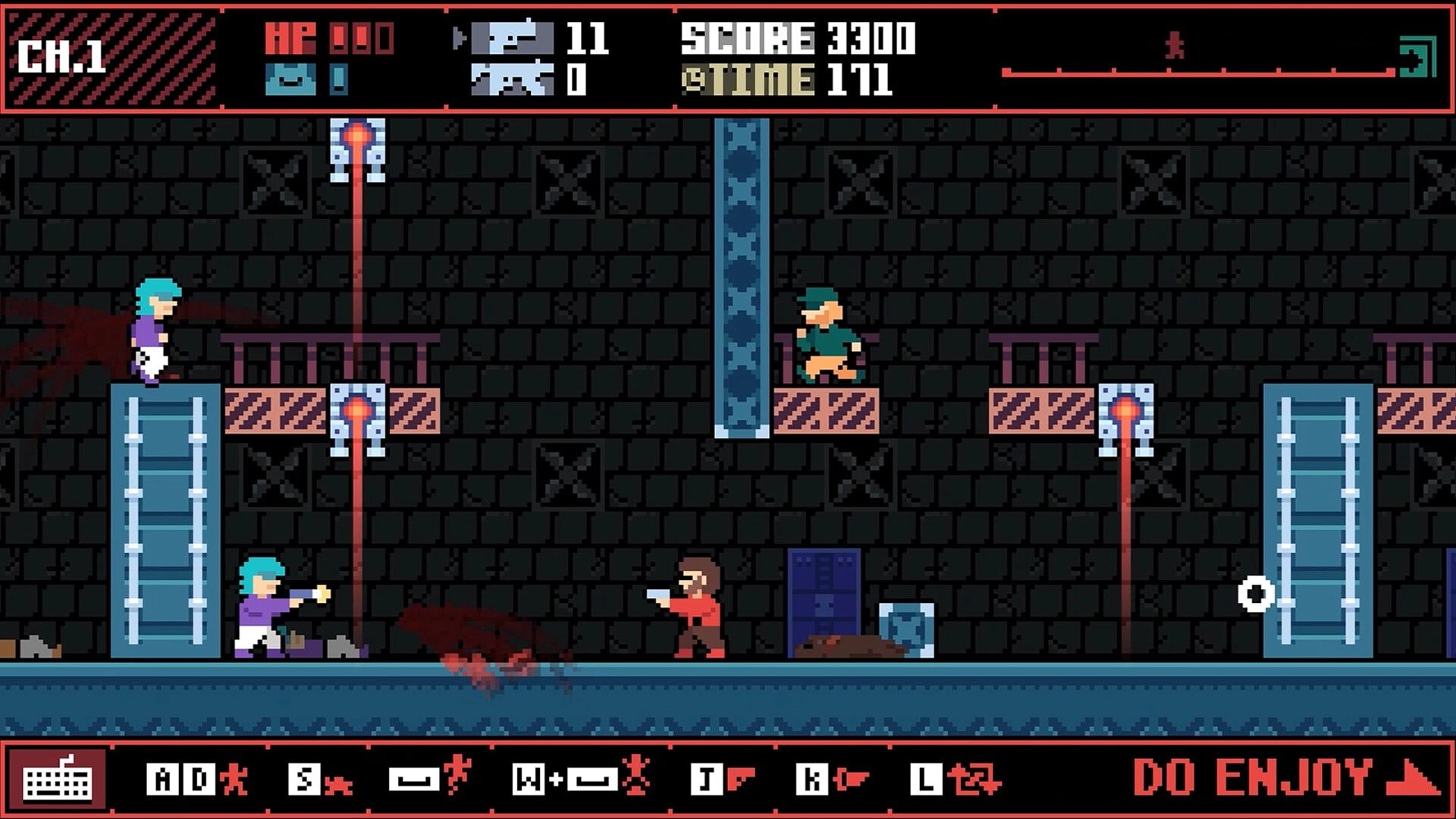 GUN.DOG.REVENGE: Player shooting enemies in a dark industrial setting with laser beams and platforms.