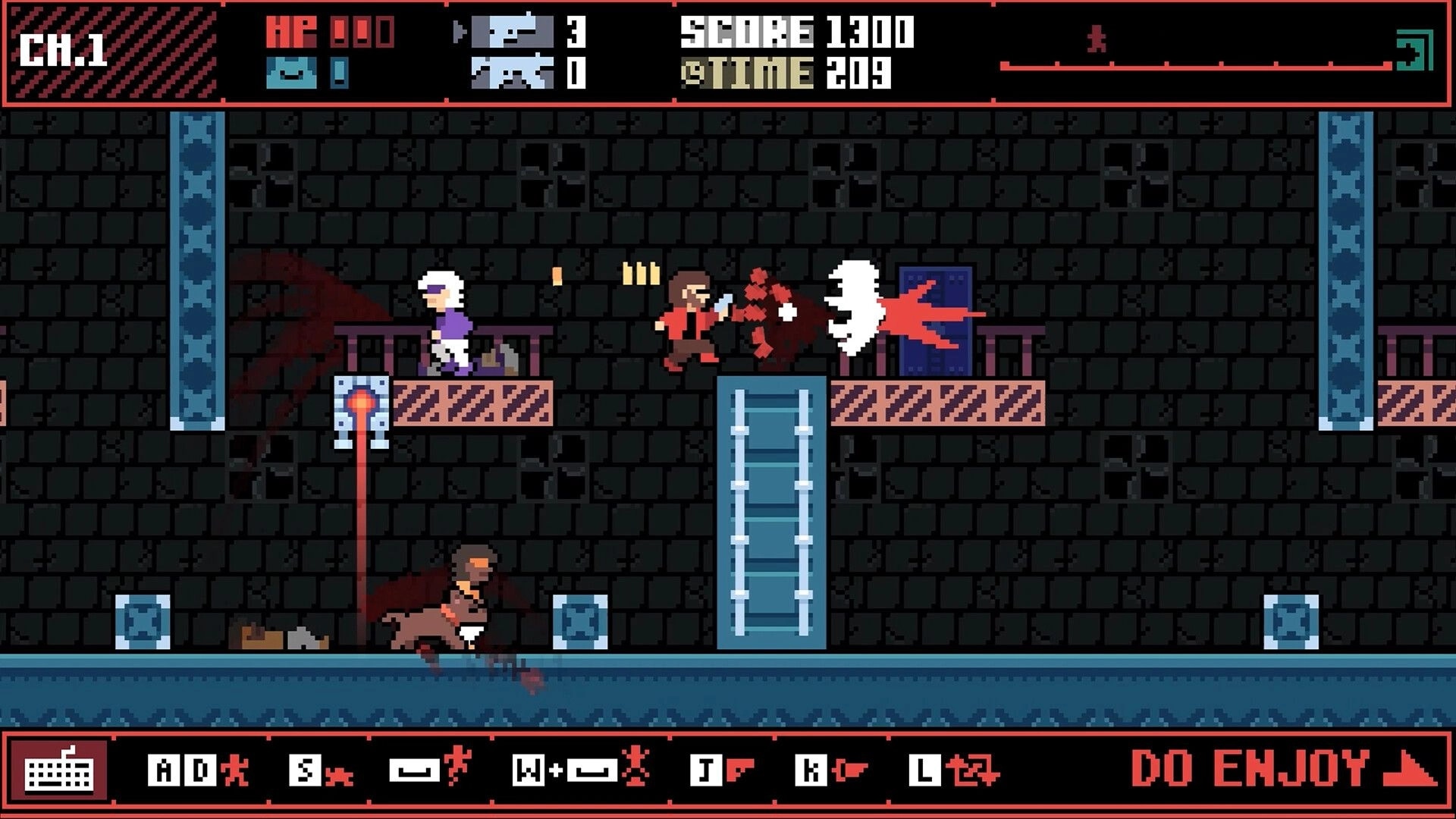 GUN.DOG.REVENGE: Player fires at enemy on platform, surrounded by brick walls, score and time displayed.