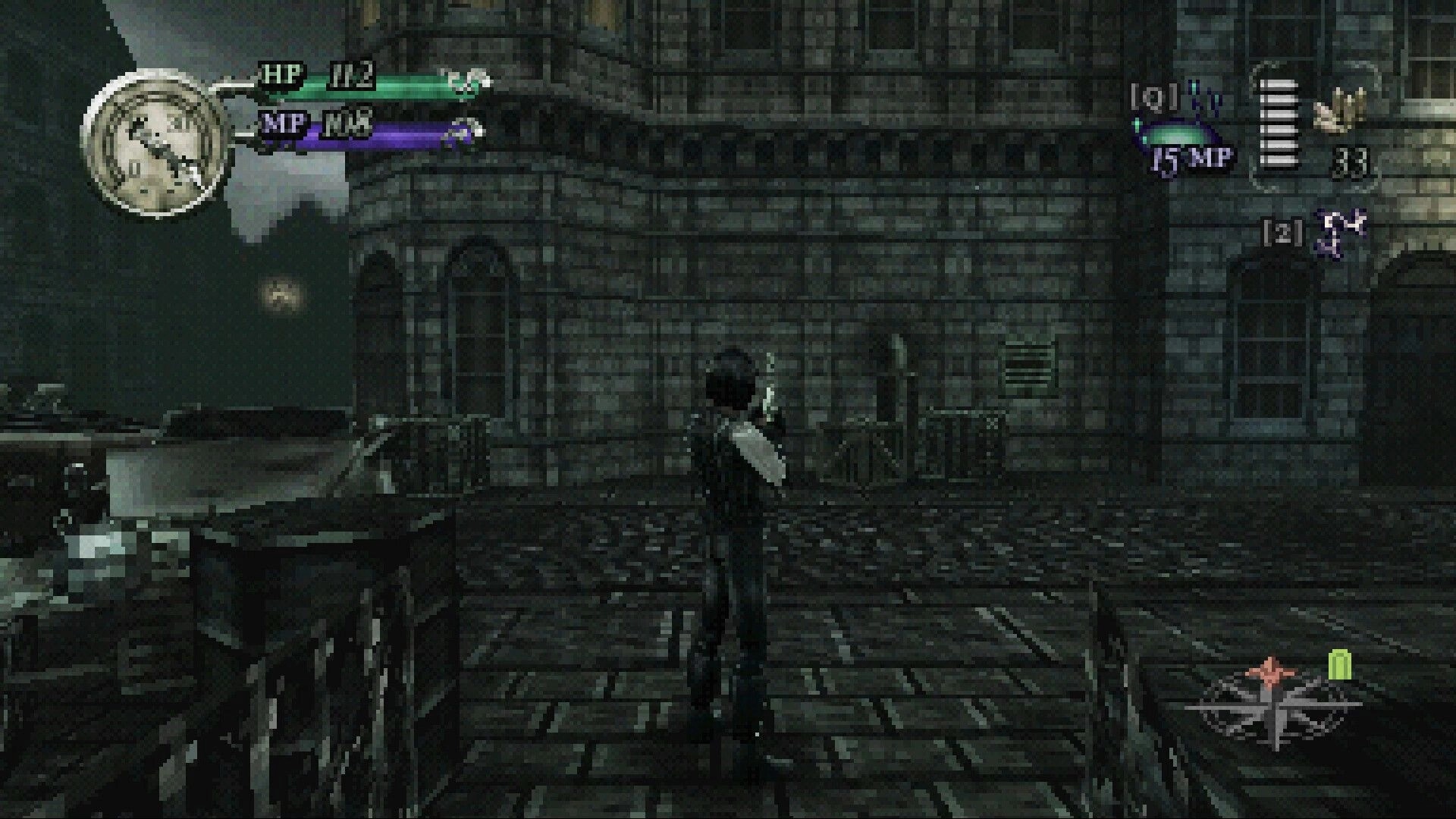 Gunmetal Gothic: Third-person player aims pistol in foggy stone courtyard with HP/MP bars and ammo UI.