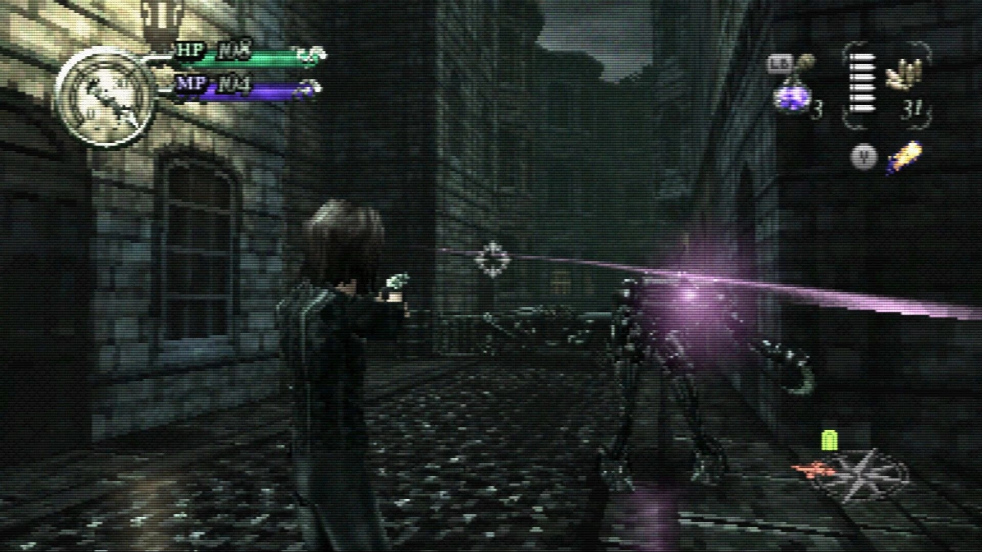 Gunmetal Gothic: Third-person shooter aiming at a robot enemy in a foggy stone alley with HP/MP UI.