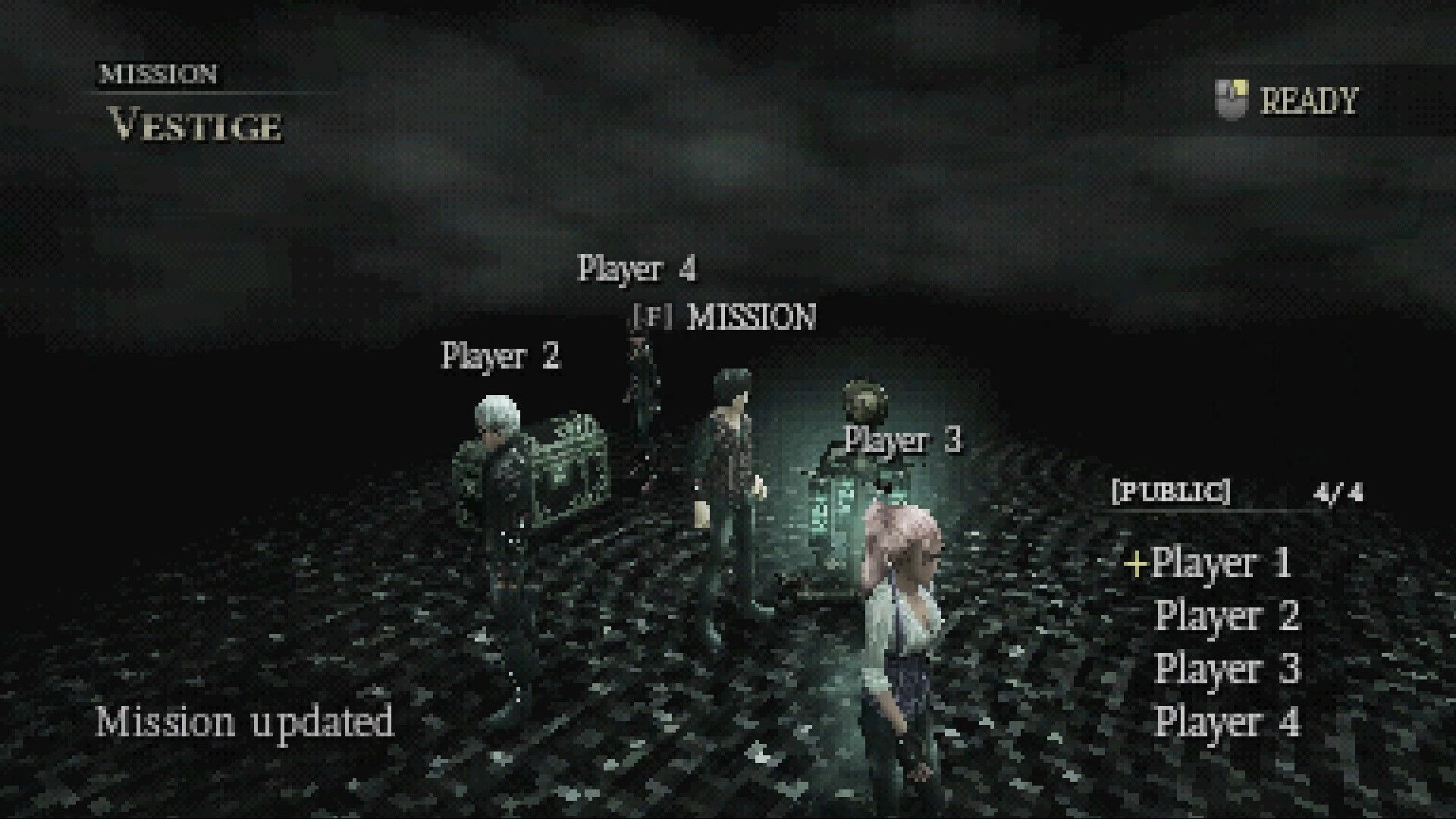 Gunmetal Gothic: Co-op mission lobby with four players and Ready status in a dark cobblestone area.