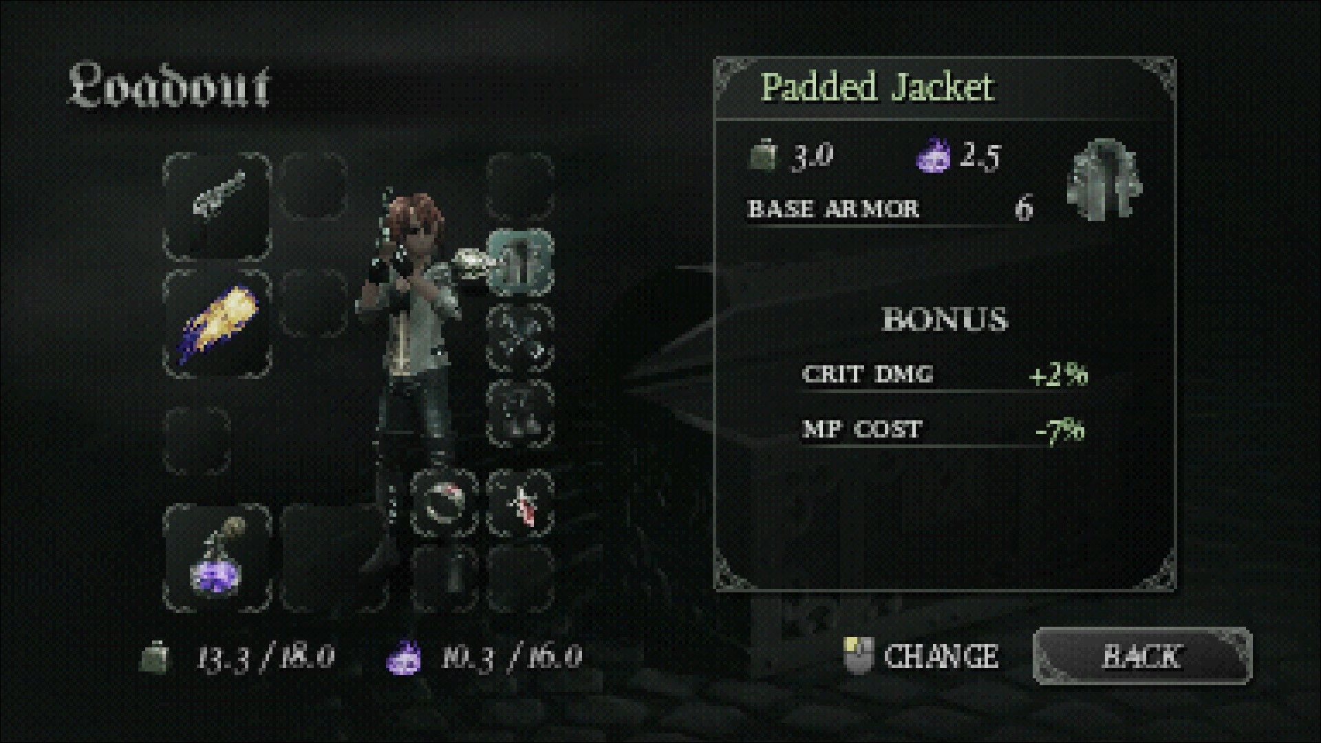 Gunmetal Gothic: Loadout menu with character model and Padded Jacket stats panel in dark UI.