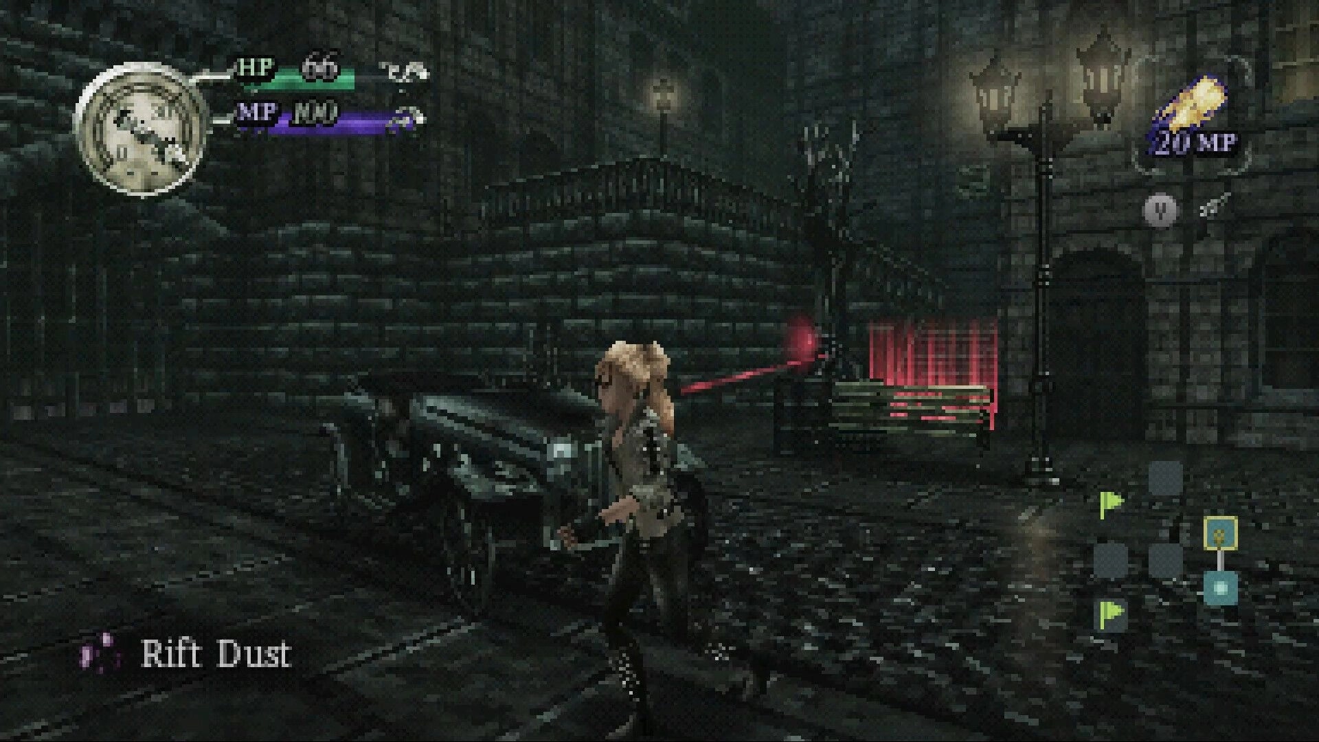 Gunmetal Gothic: Player aims a rifle at red barrier in rainy stone alley with HP/MP and minimap UI.