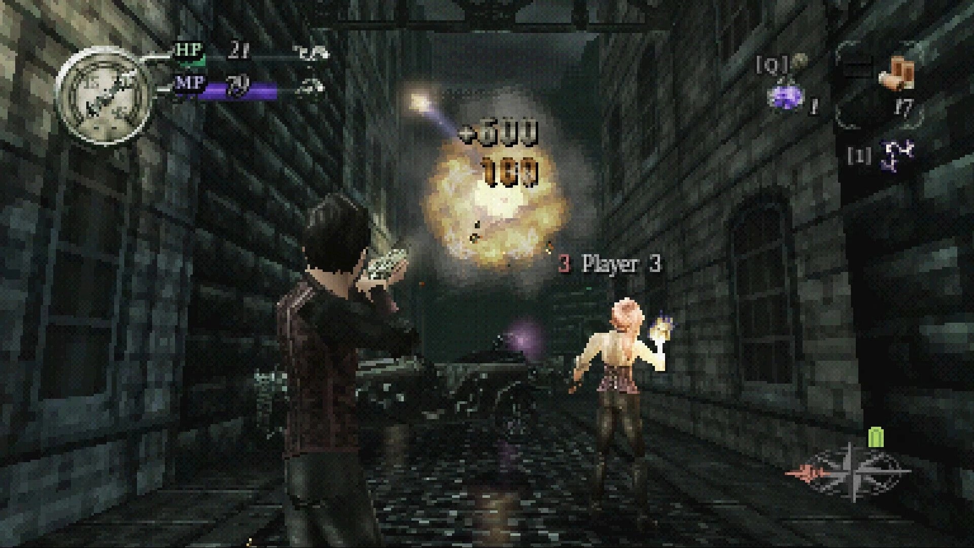 Gunmetal Gothic: Co-op gunfight with damage numbers and HP/MP HUD in a dark stone sewer tunnel.