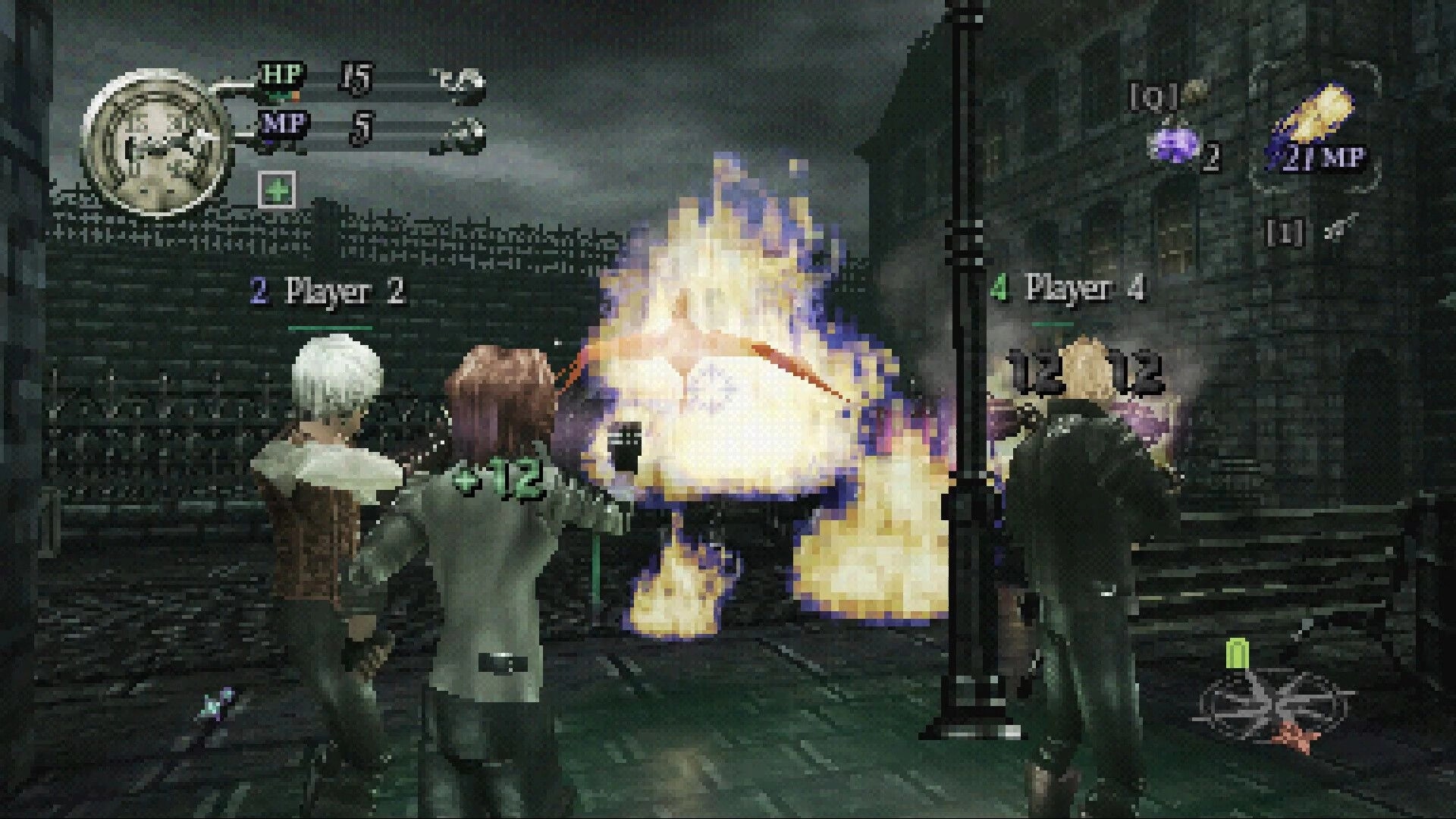 Gunmetal Gothic: Co-op players battle a flaming foe in rainy street ruins with HP/MP HUD and items.