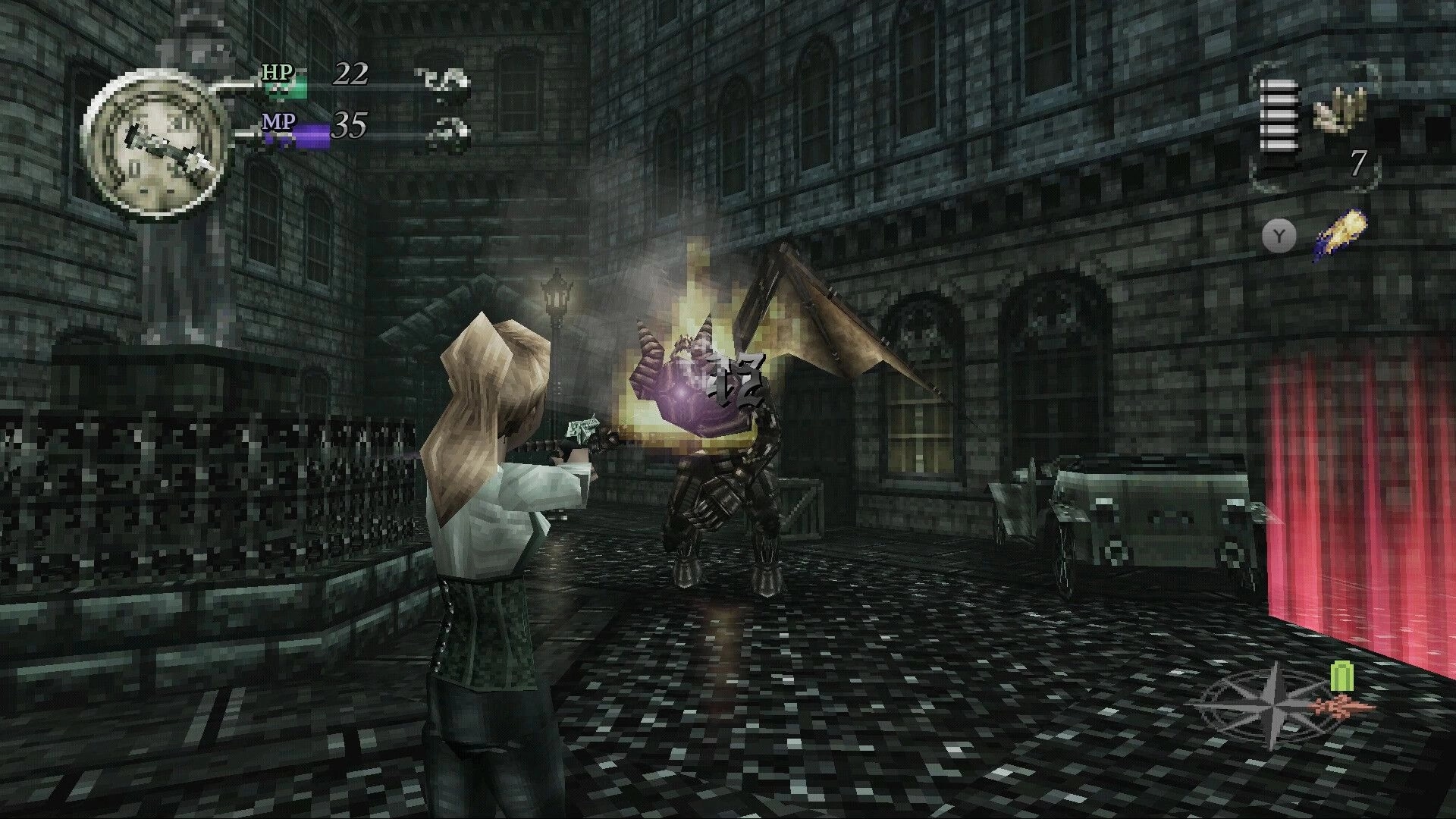 Gunmetal Gothic: Player aims pistol at winged demon in stone courtyard, HP/MP bars and ammo UI visible.