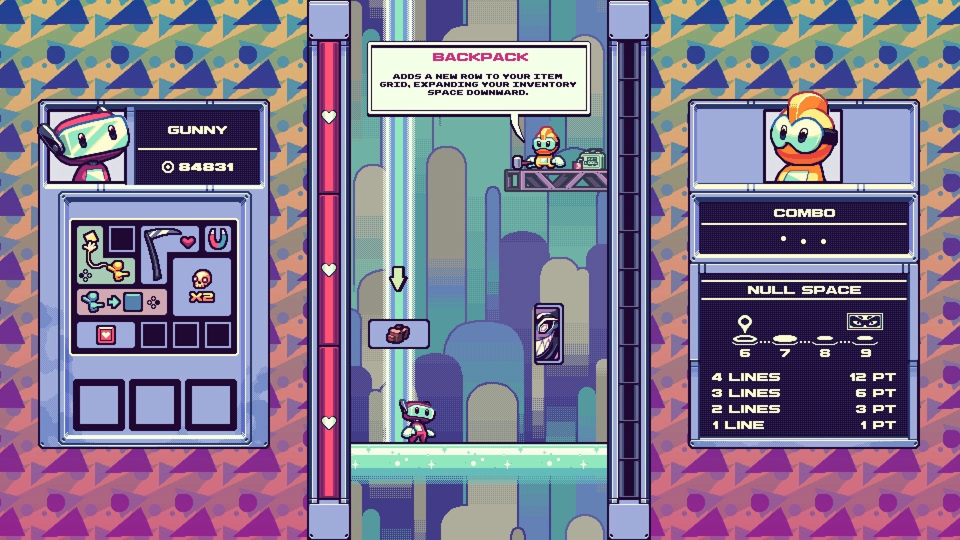 Gunny Ascend: Gunny collects backpack power-up in neon dimension with combo and inventory HUDs visible