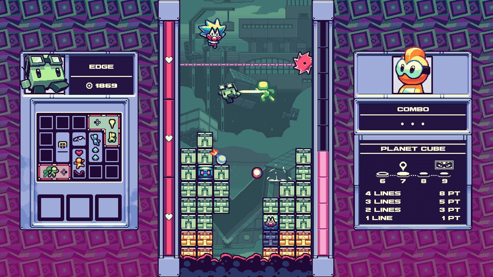 Gunny Ascend: Character Edge grapples block tower, surrounded by enemies, with inventory menu open
