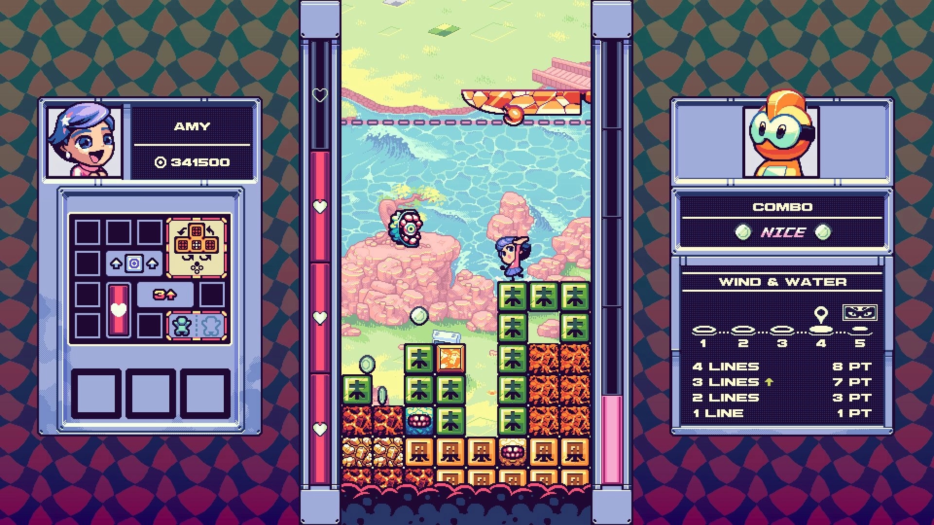 Gunny Ascend: Amy builds stacked blocks against enemy with score and combo displayed beside lake scene