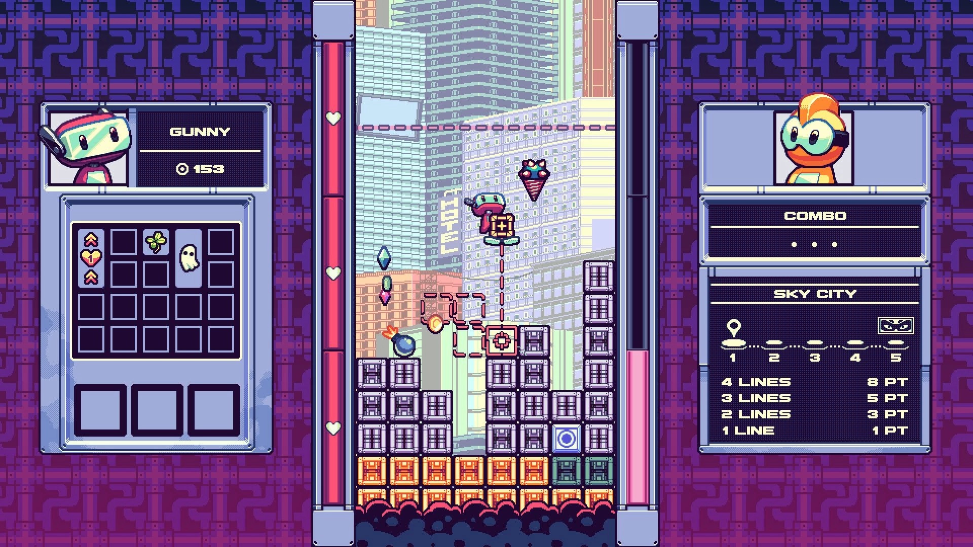 Gunny Ascend: Gunny balances on blocks in Sky City with inventory and score displays on purple interface