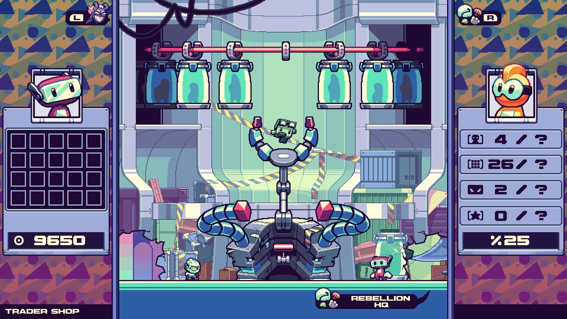 Gunny Ascend: Robot character in Rebellion HQ with inventory menu and stats displayed on screen