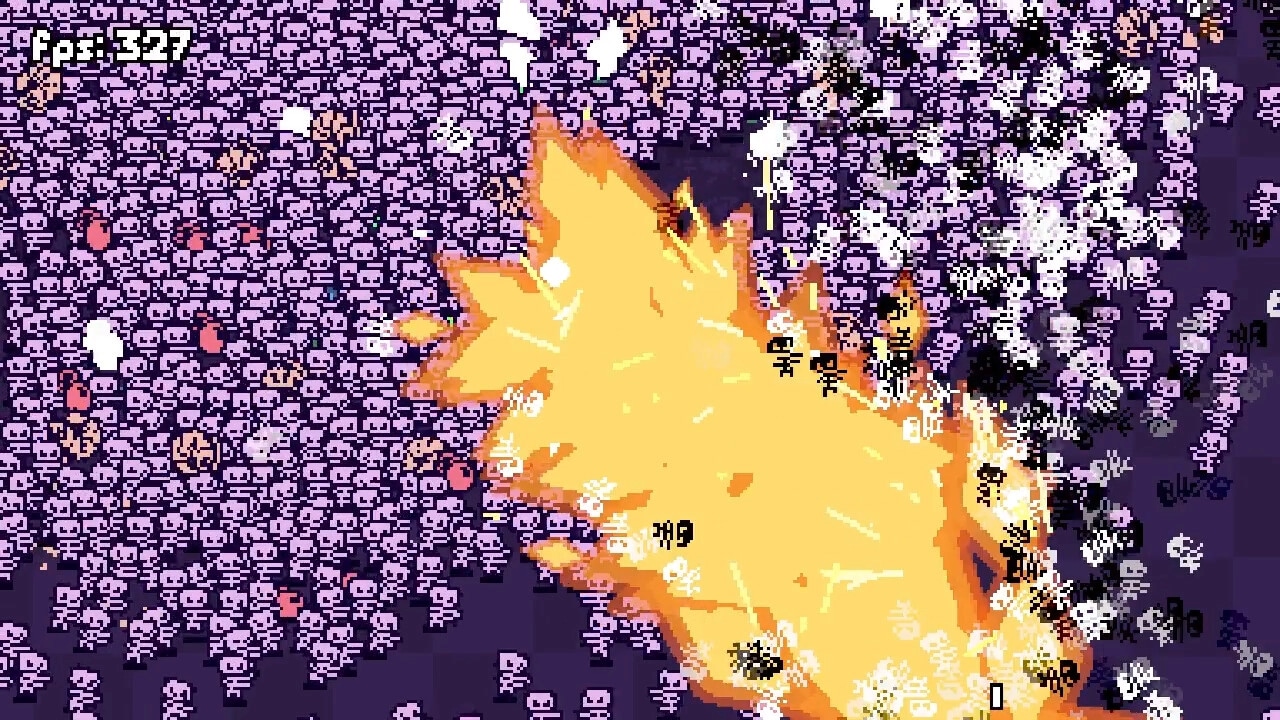 GUNRUN: Massive explosion amidst hordes of pixelated enemies, fps counter at 327 in chaotic battlefield