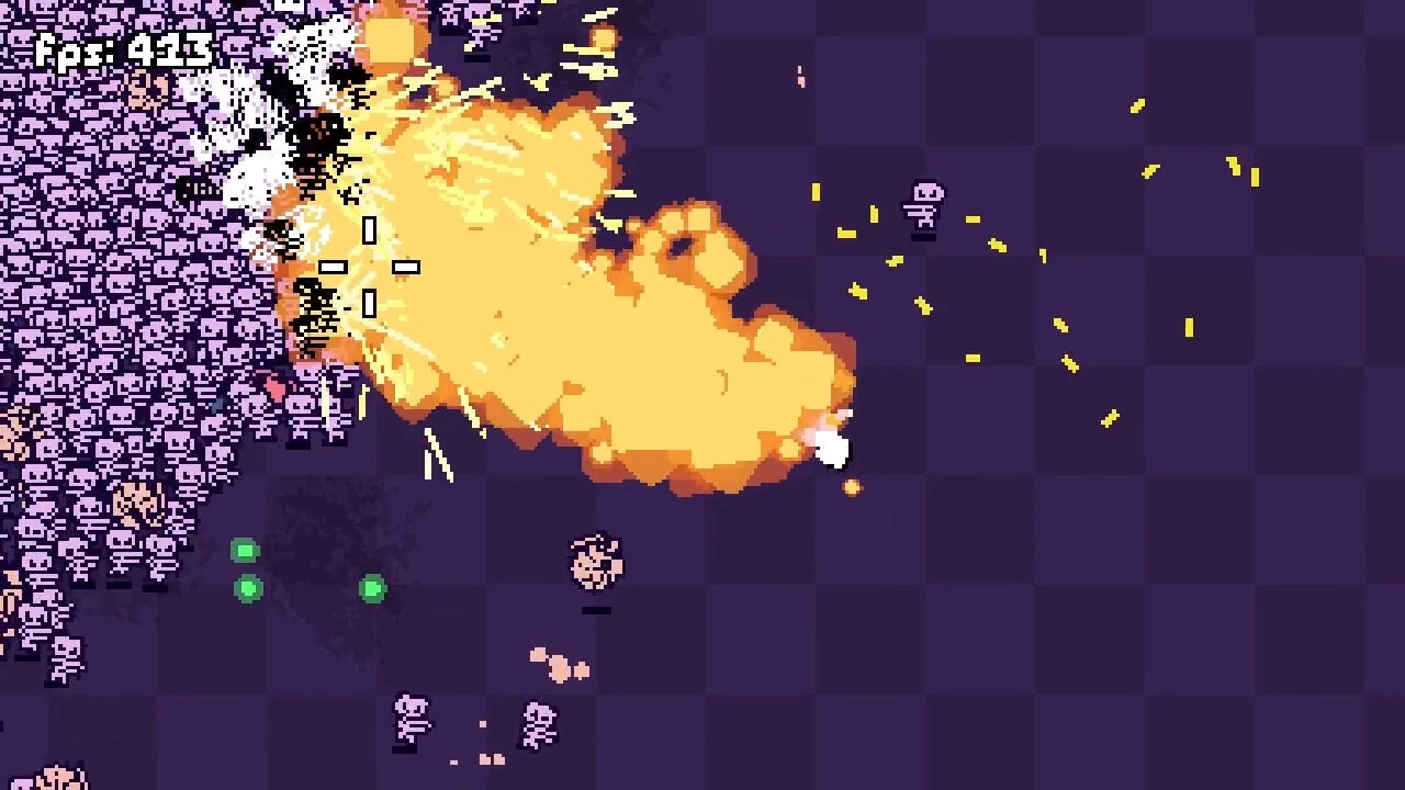 GUNRUN: Massive explosion with character battling skeletons in dark, checkered arena with bullets flying