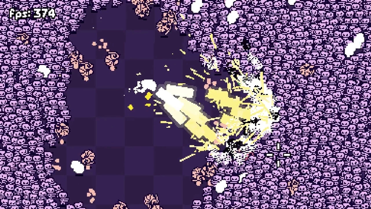 GUNRUN: Player character unleashes explosive attack amid hordes of pixelated enemies in a dark arena.