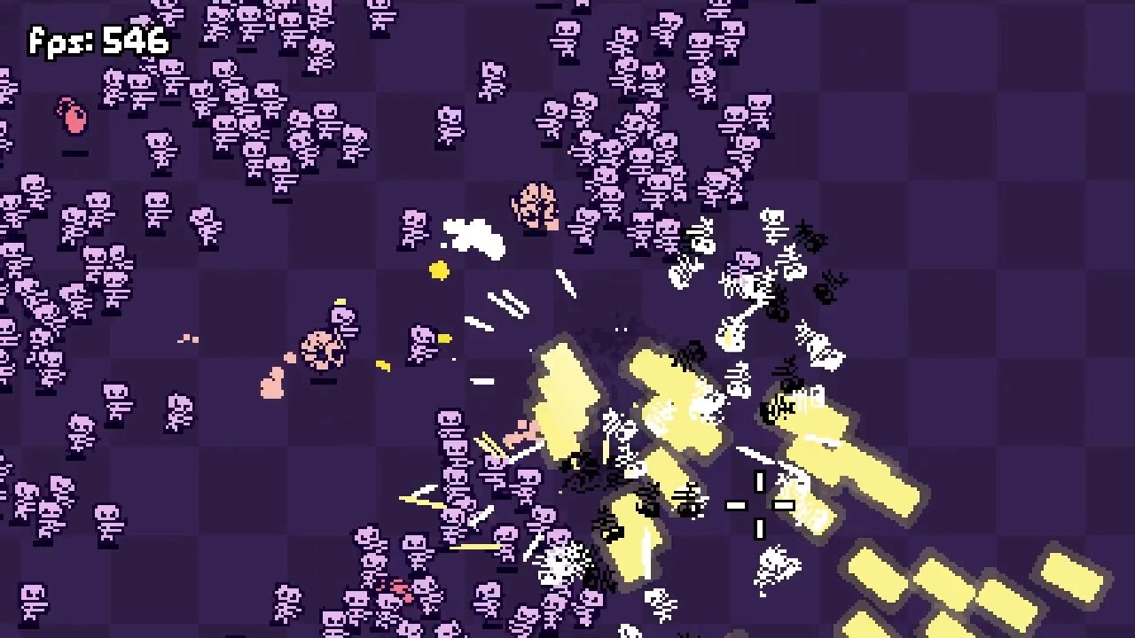 GUNRUN: Player character battling hordes of purple enemies on a dark grid with explosive effects