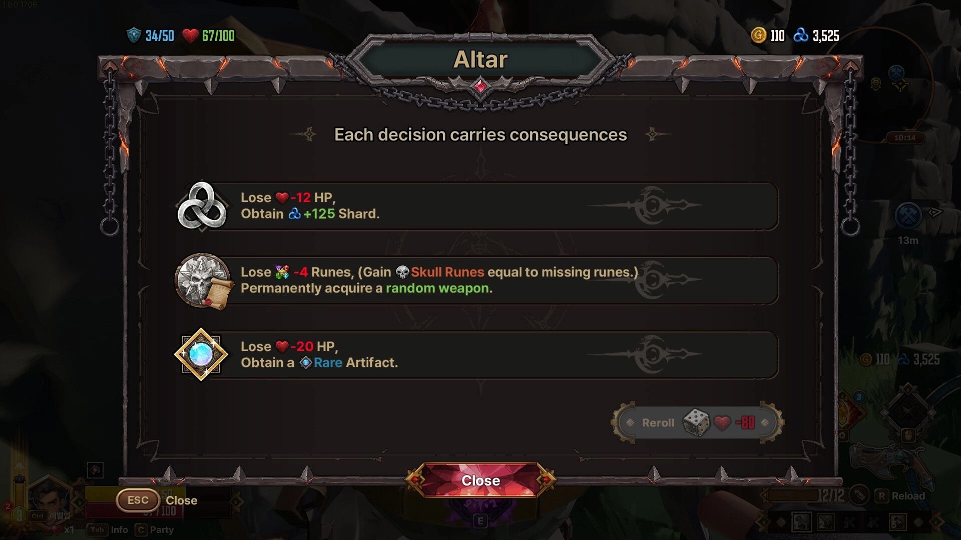 Guns and Dragons: Altar choice menu offering HP and rune sacrifices for shards or rare artifact rewards.