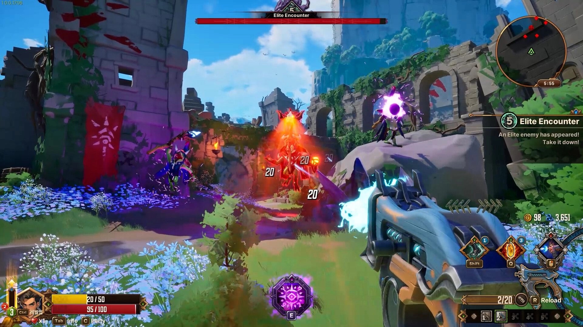Guns and Dragons: Elite Encounter firefight in ruined stone courtyard with magic foes and gun HUD.