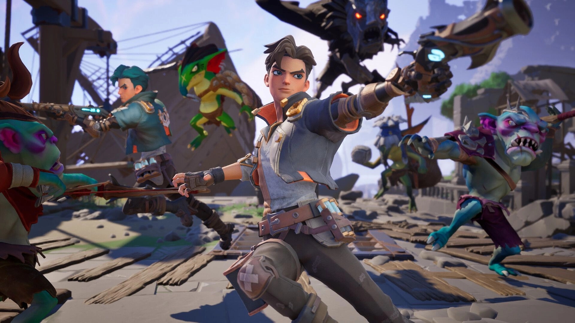 Guns and Dragons: Heroes aim pistols at goblins as a dragon swoops over a shattered dockyard battle scene.