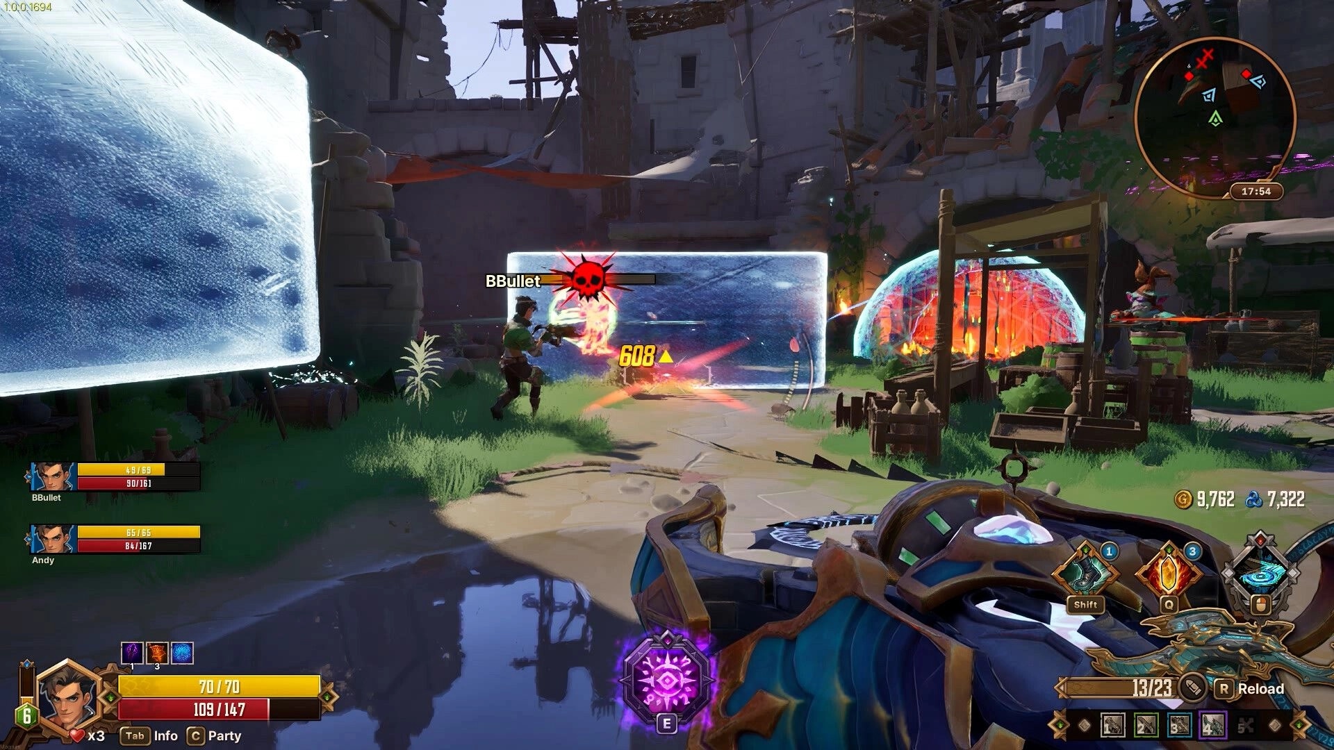 Guns and Dragons: Co-op firefight behind icy shield walls in ruined town courtyard with minimap HUD.