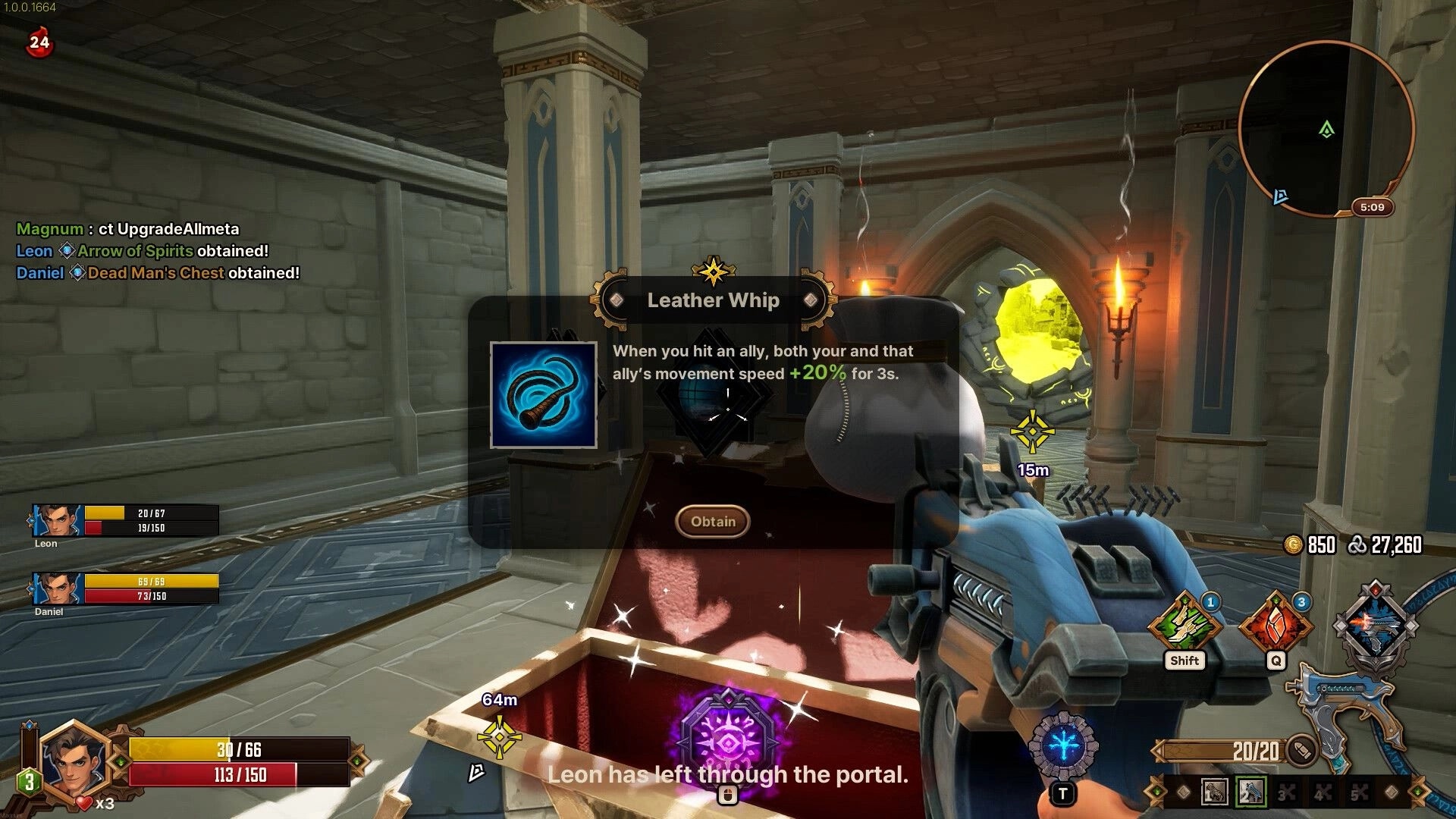 Guns and Dragons: Loot pop-up for Leather Whip over chest in torchlit stone hall with minimap UI.