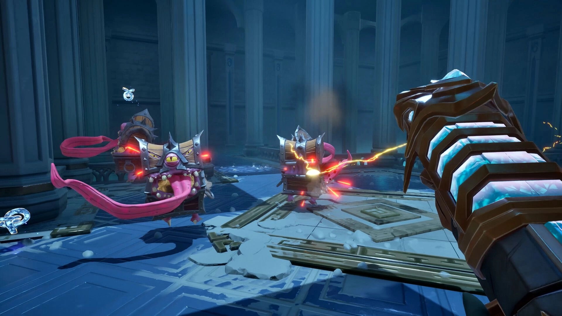 Guns and Dragons: First-person firing a glowing cannon at mimic chests in a blue stone temple hall.