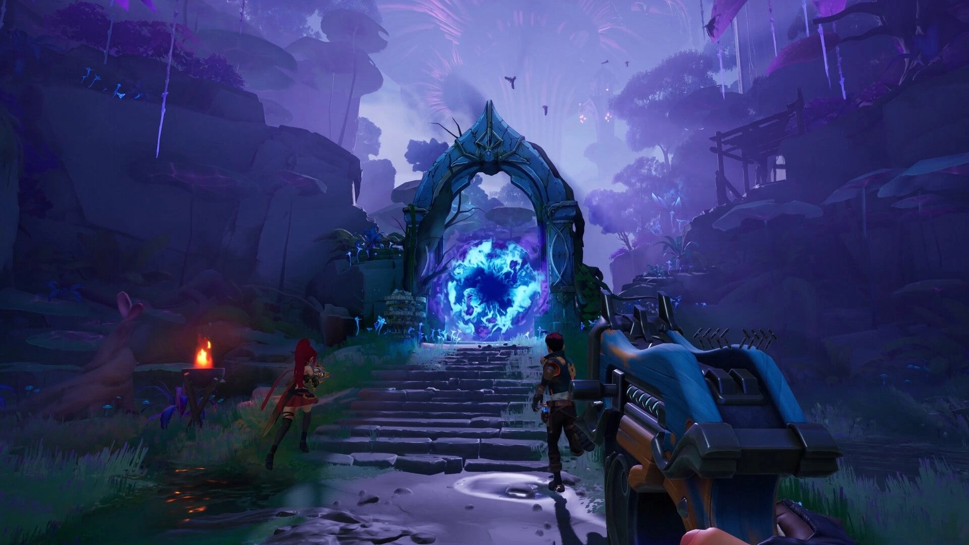 Guns and Dragons: Co-op heroes approach a glowing portal arch in a misty purple forest ruins path.