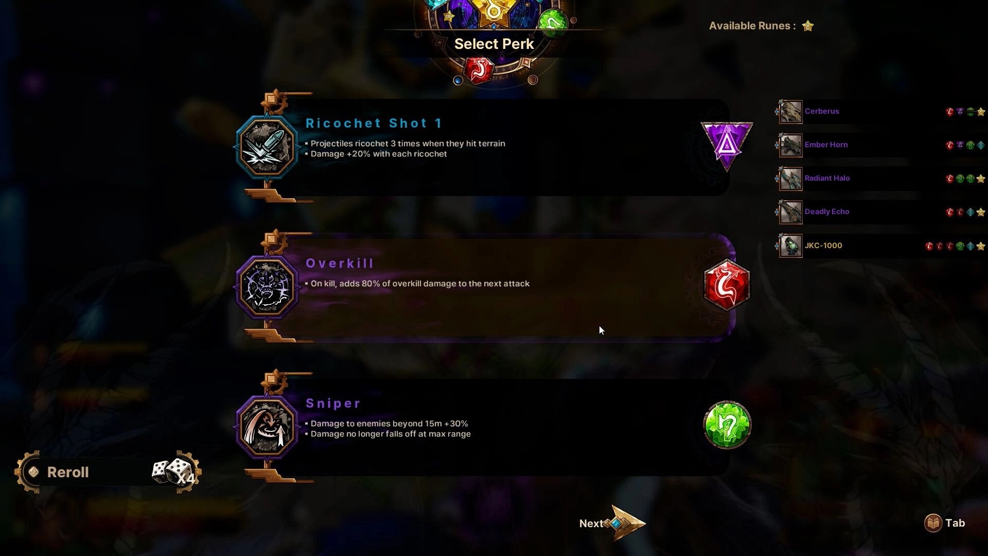 Guns and Dragons: Select Perk menu with Ricochet Shot, Overkill, and Sniper options and runes list.