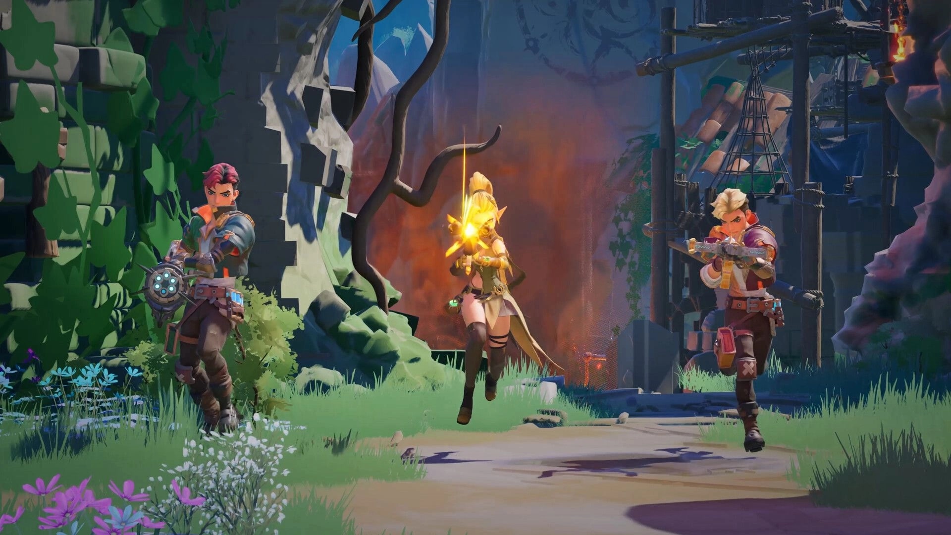 Guns and Dragons: Three heroes aim guns while running through ruined stone walls and scaffolding ruins.