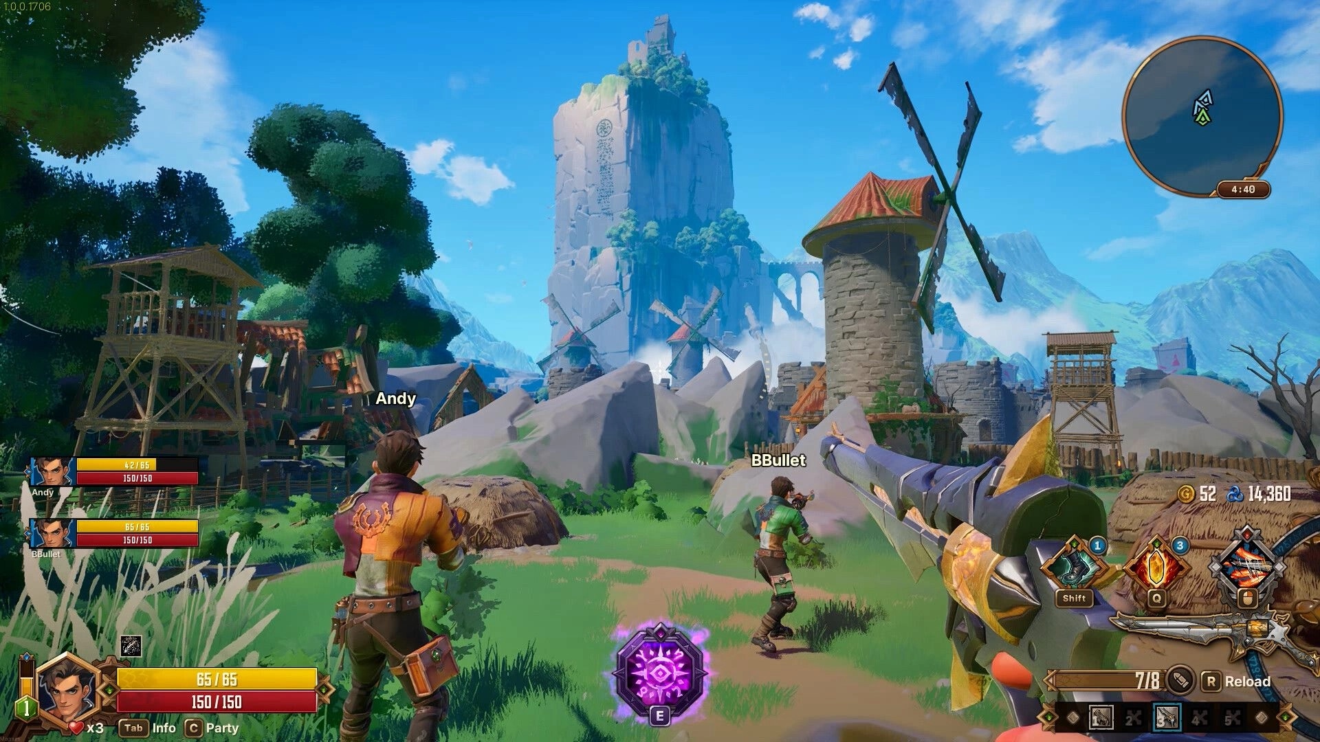 Guns and Dragons: Co-op aiming rifle in village with windmills and rocky tower, HUD and minimap visible.