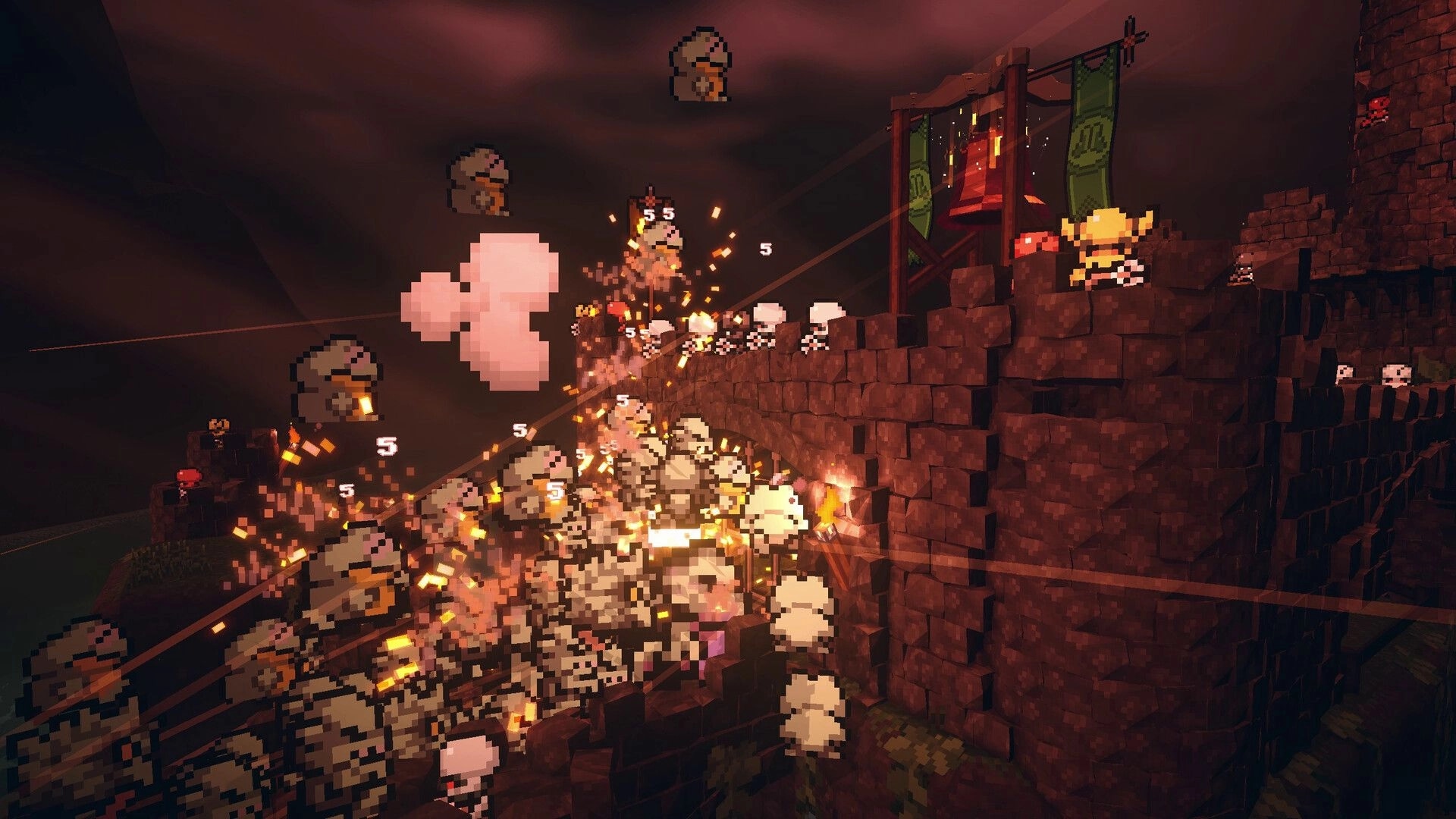 Guns 'n Goblins: Explosions hit a goblin horde at a stone bastion wall under a red sky, bell tower ahead.