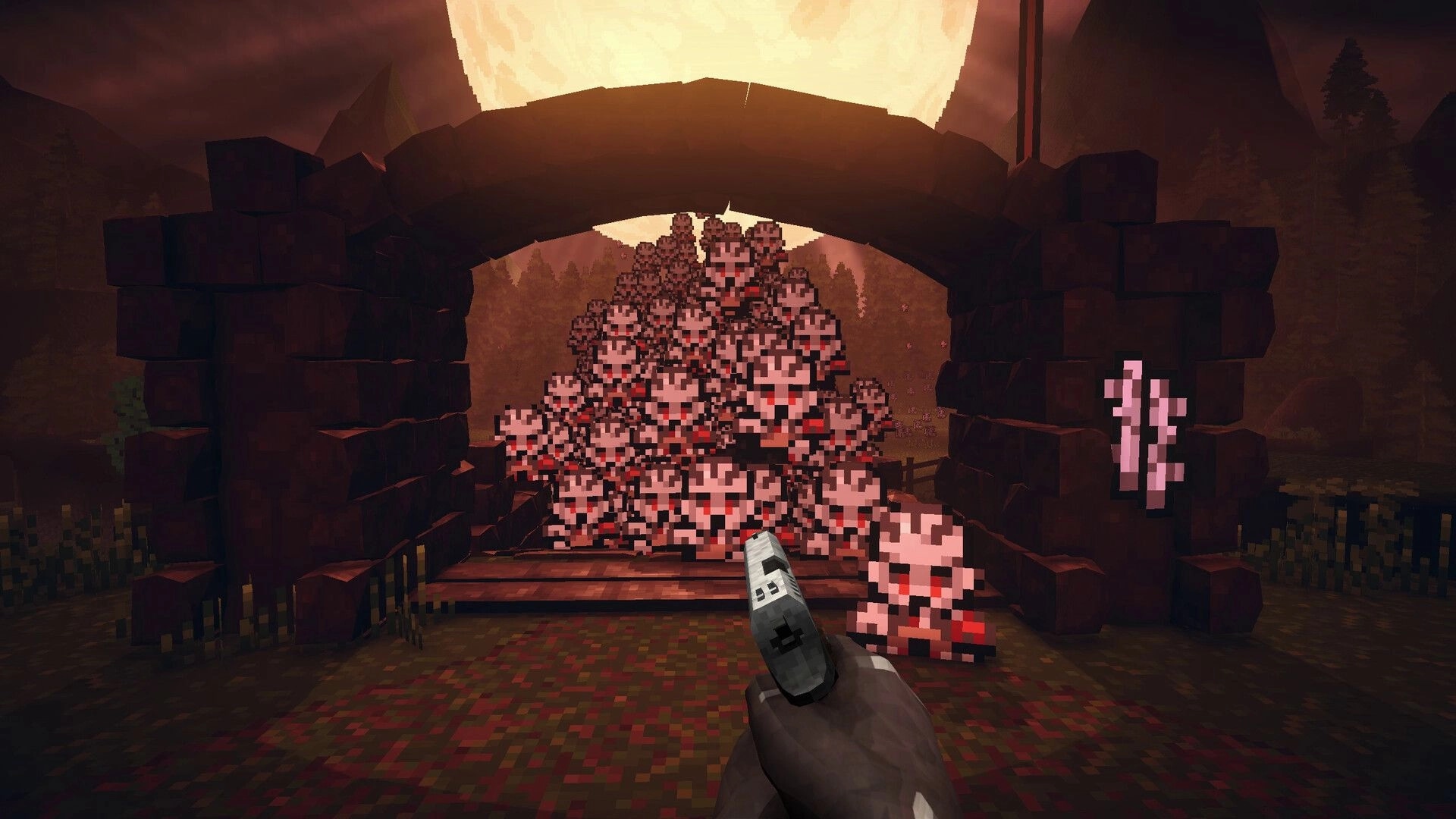 Guns 'n Goblins: Pistol aimed at a huge swarm of pixel goblins under a stone arch bridge at dusk.