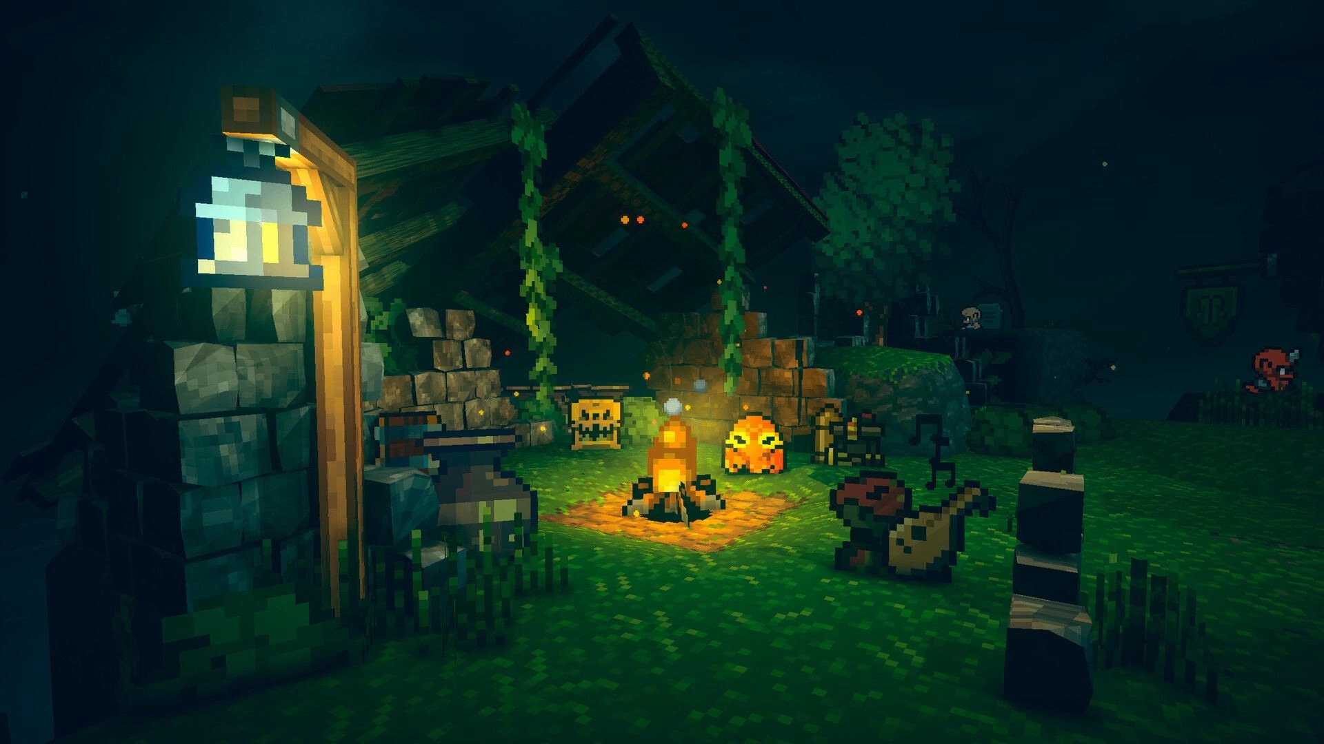 Guns 'n Goblins: Campfire glowing by a ruined stone hut and crates in a dark, foggy forest clearing.