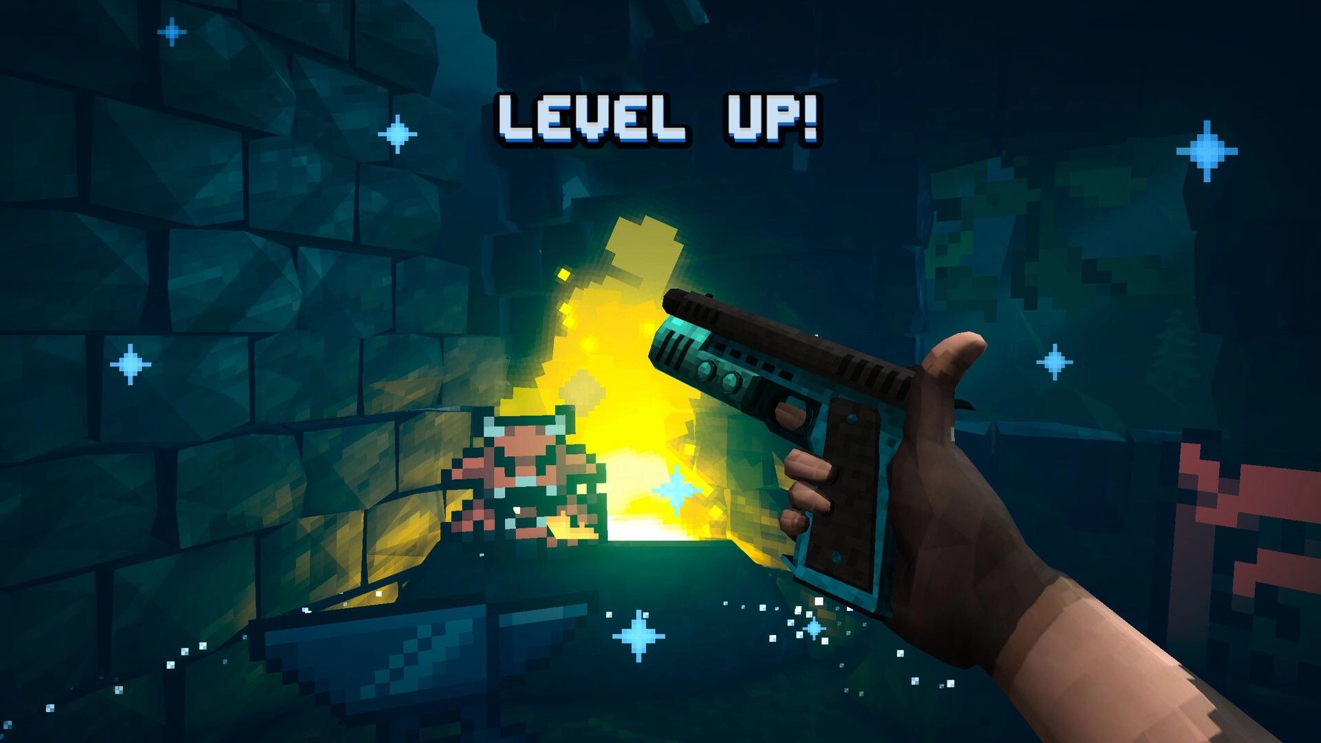 Guns 'n Goblins: Level up popup over pistol view facing a pixel goblin in a blue stone dungeon corridor.