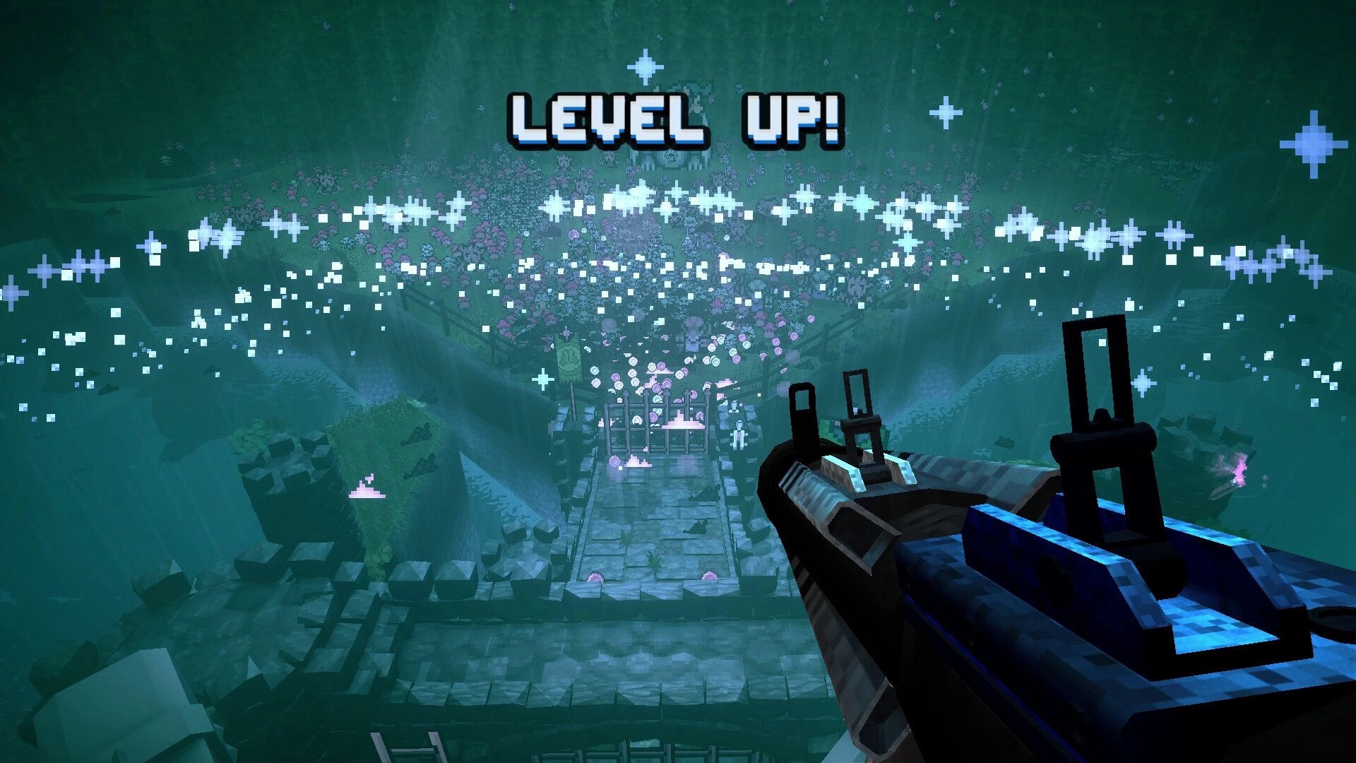 Guns 'n Goblins: Level up popup over sparkling loot as rifle aims down a misty stone bridge.