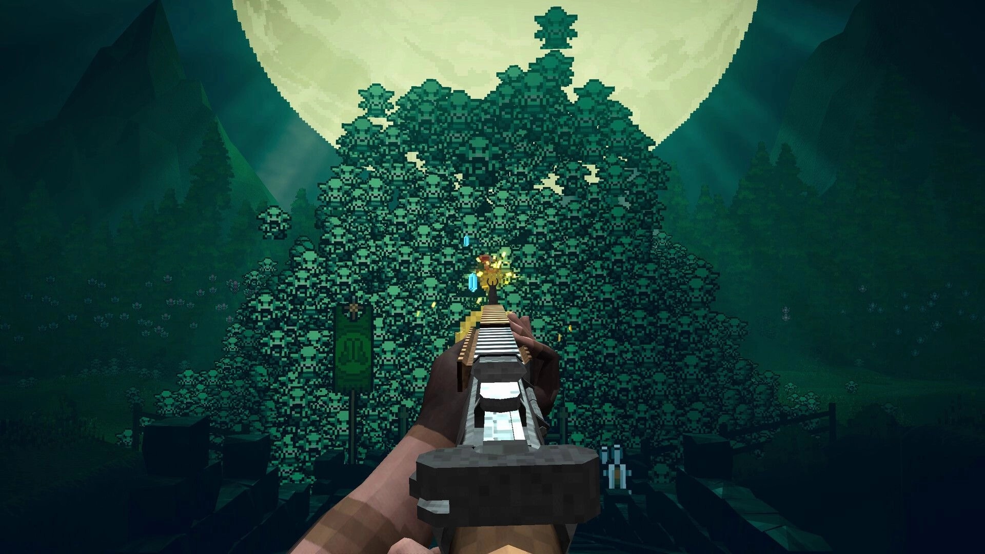 Guns 'n Goblins: First-person rifle firing into a huge skull swarm under a bright full moon forest valley.