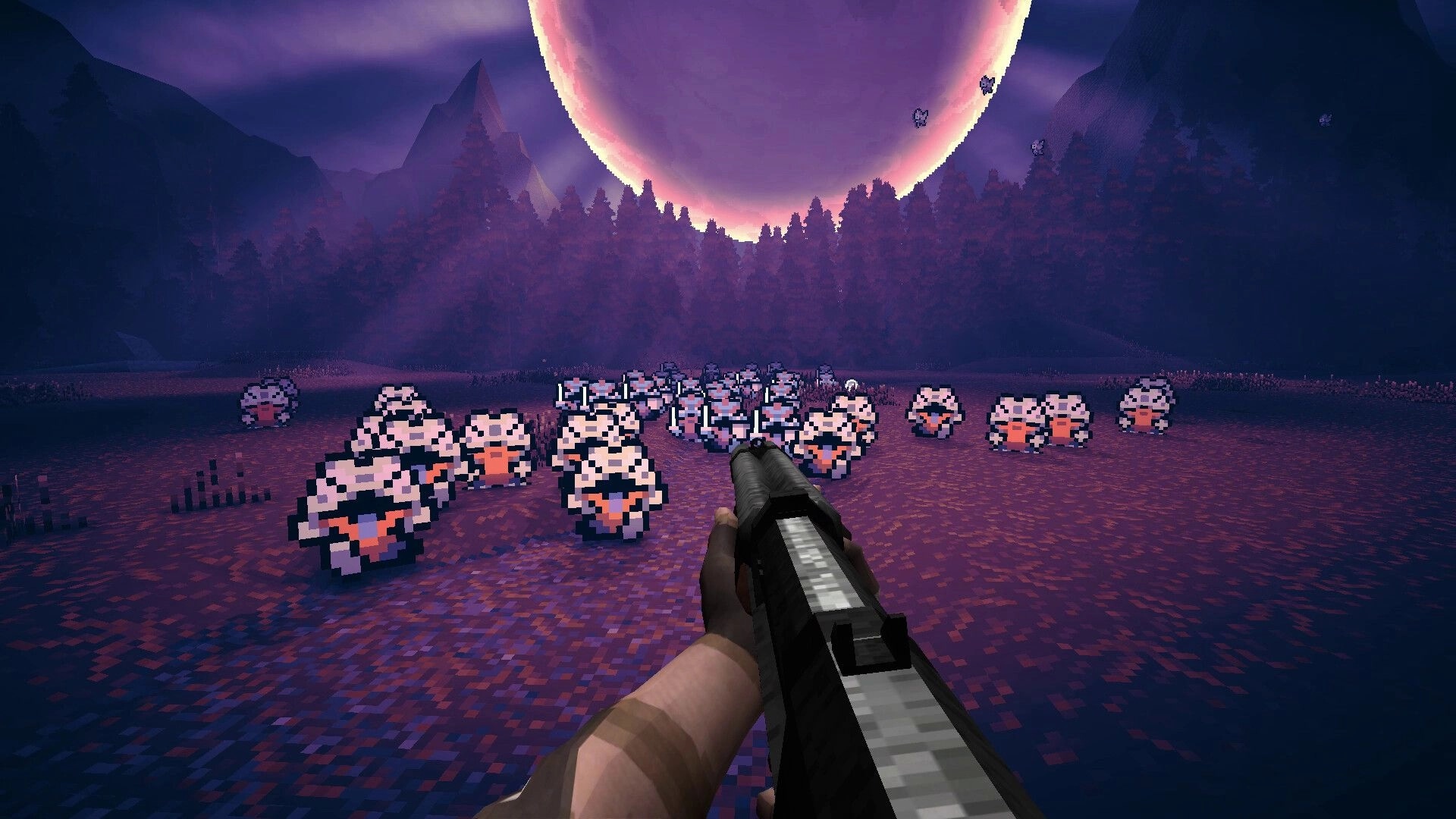 Guns 'n Goblins: First-person shotgun aimed at a swarm of pixel goblins in a moonlit field.